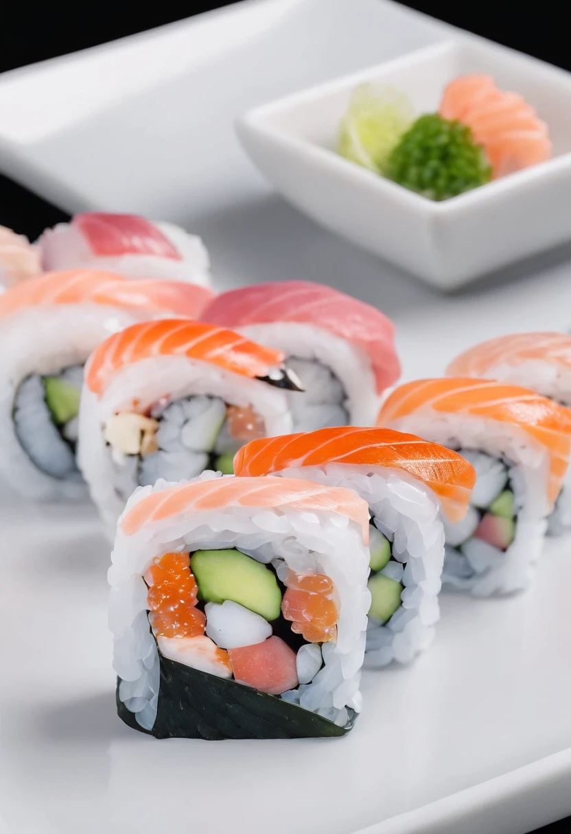Sushi, cinematic, Photographie professionnelle, studio lighting, Contexte studio, Photographie publicitaire, Intricate details, hyper-detailed, ultra realist, 8K UHD