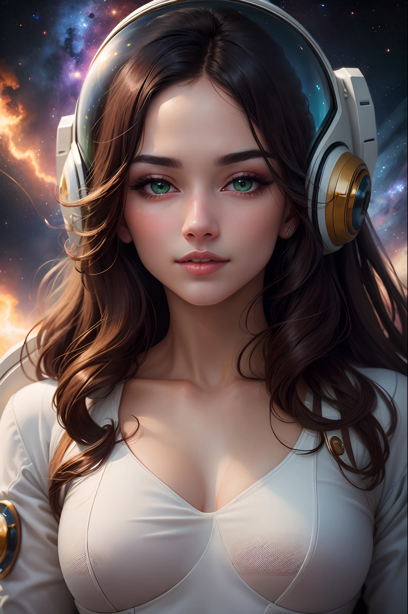 Oil Painting，Beautuful Women，23 years old，（A man drifts in space），Tachibana crimson long hair，（Space helmet burst），Green eyes，（（full body Esbian）），（（Wearing a white spacesuit）），edge light，Space Nebulae，（Long-haired fainting：1.5），best qualtiy，tmasterpiece，超A high resolution），（realisticlying：1.4），slim，（shiny skins），（beautiful countenance：1.1），A detailed eye，luscious lips，depth of fields、Bokeh，Authors（James S.. C. Christensen：1.2|Jeremy Lipking：1.1）