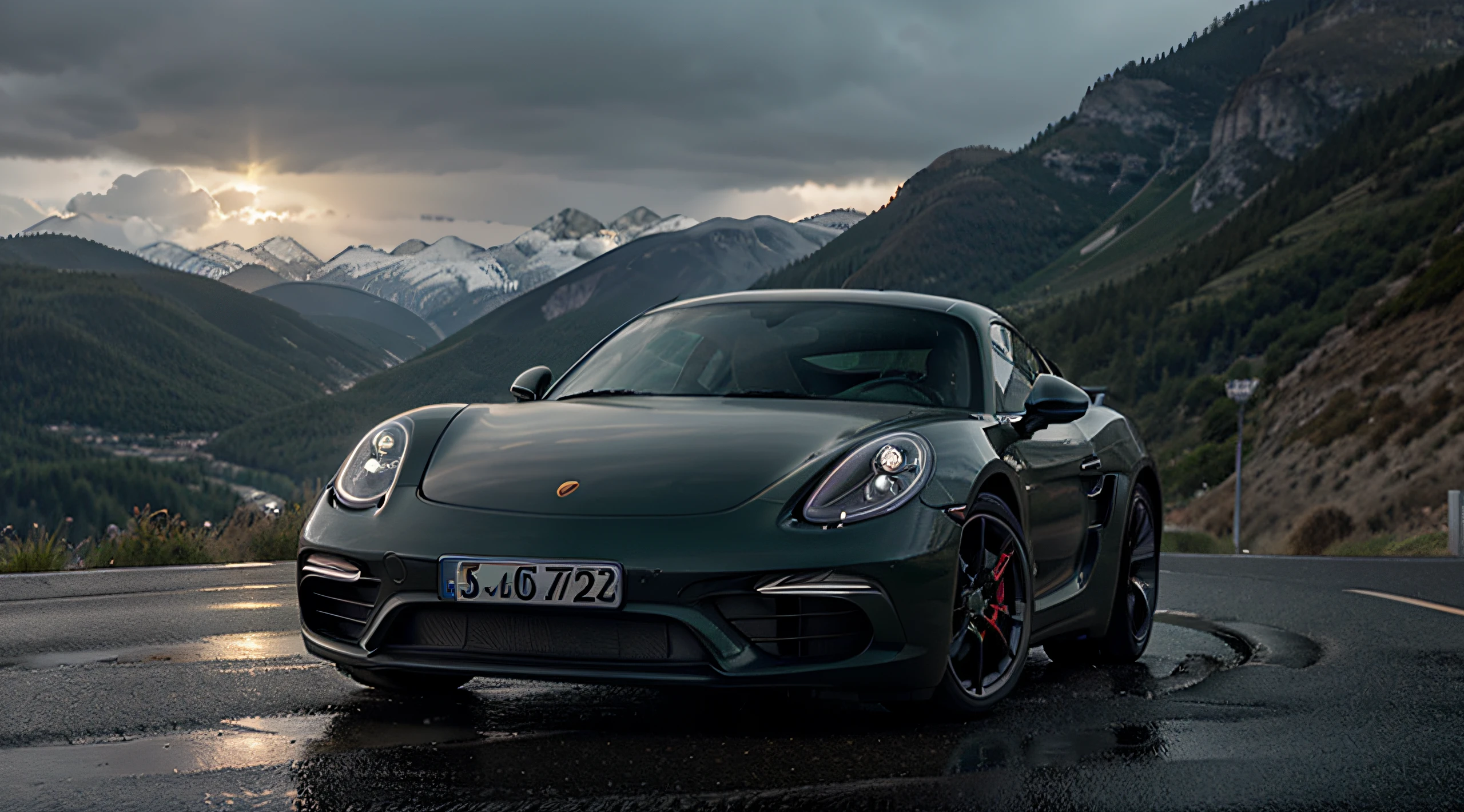 Dark green Porsche 718 Cayman with headlight and flashlight on, running on a rainy road, on a cliff with mountains in the background, around 5pm in the afternoon in Europe. Volumetric light, cinematic photography, cold light, CGI, UHD, maximum details in the car's reflection, maximum details in the tires, maximum details in the car's metal and texture, maximum details in the car's lights, front view for camera.