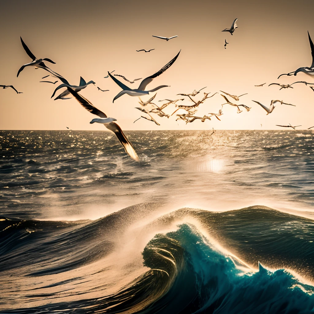 Flocks of seagulls flying across the ocean at sunset, shutter inventory, chaotic sea setting, flying over the ocean, best on adobe stock, birds flying in the sunlight, istock, soaring waves, wild ocean background, seagulls, bird flying out of water, Beautiful photo, amazing background, Sea, beautiful fine sky, stock image, apocalyptic tumultuous sea, Incredibly beautiful
