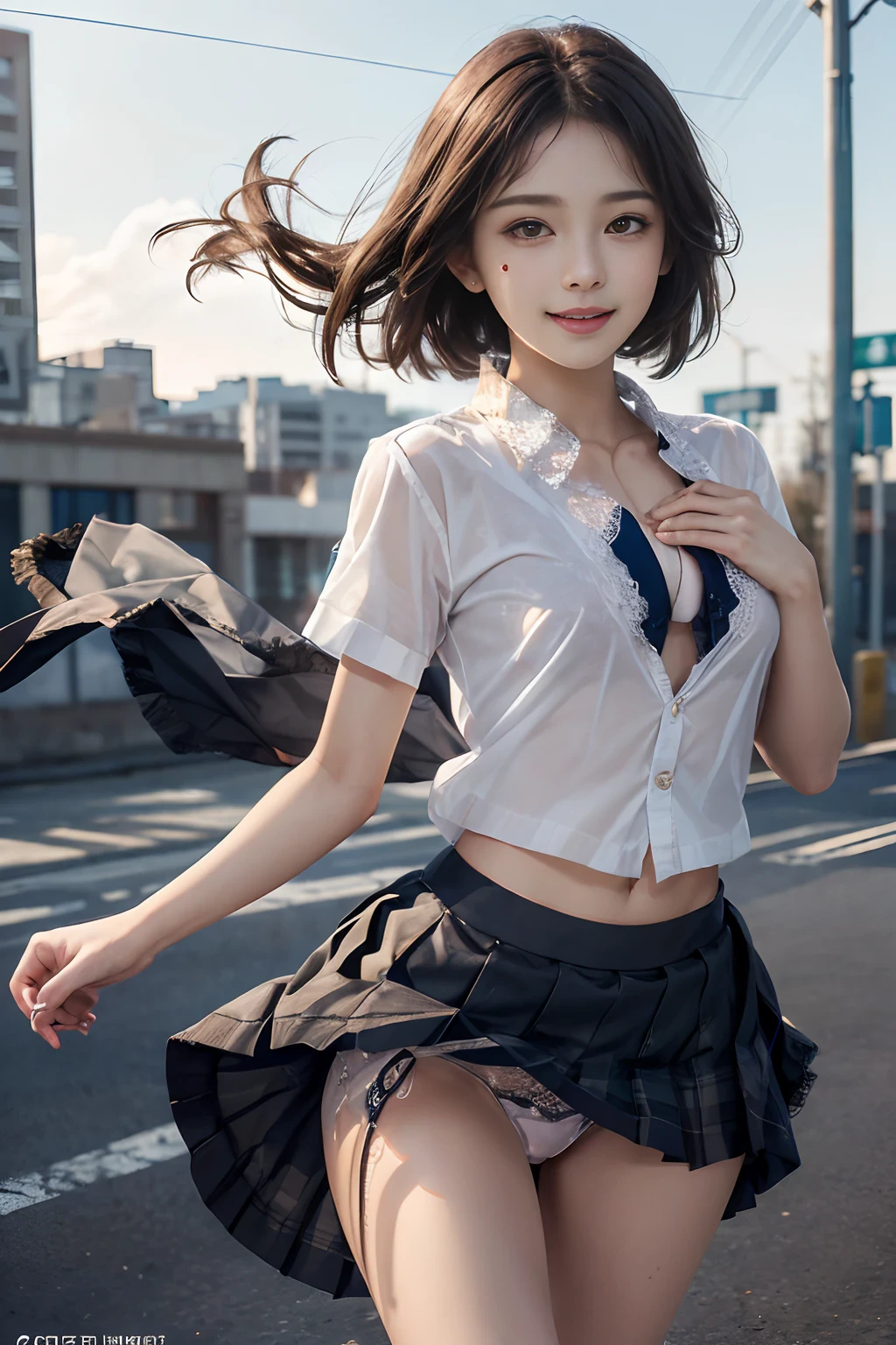 Pubic hair grows、Smile full of happiness、((Transparent lace panties:1.3))、Don't wear panties、、Panting face、Lacking、After being attacked、school girl outfit(Plaid miniskirt)、a sailor suit、Sweating、Expression in a state of excitement、short-hair、eye glass、Almost completely naked、Jumping、(((chest open and fully visible:1.5)))、1girl in, Amazing face and eyes, Smile happily, (extremely detailed beautiful face), (School uniform, Pleated mini-skirt:1.3), (Uniform with wide open chest), (Naked_Shirt:), (Best Quality:1.4), (Ultra-detailed), (A hyper-realistic, Photorealsitic:1.37), Beautiful fair skin, extremely detailed CG unified 8k wallpaper, RAW Photos, professional photograpy, Cinematic lighting, Walking, (strong breeze), (Her skirt flutters in the wind:1.7), (Panties:1.5), Outdoors, Commuting to school, crosswalk, Signal, A refreshing morning, Sunlight, View from below