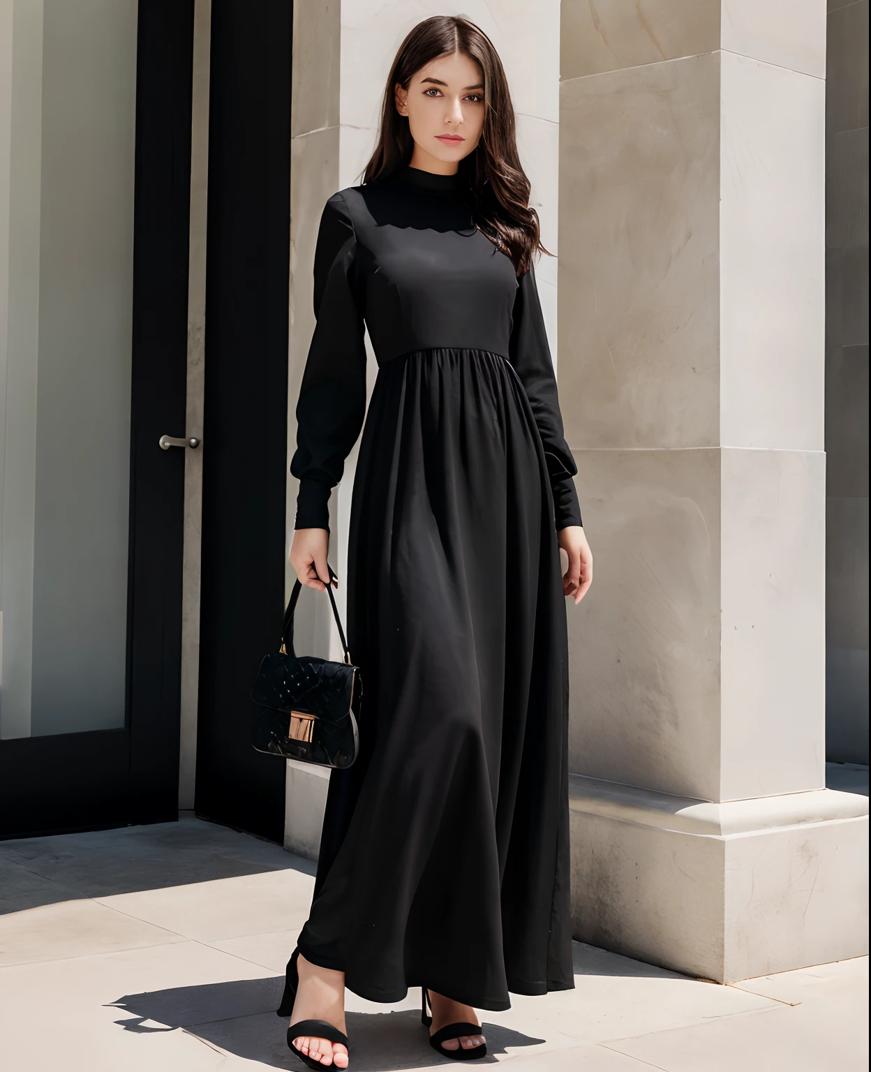 (Masterpiece), girl in black maxi dress standing with bag, black maxi full sleve dress, full sleeve long dress, long dress, accurate long dress,