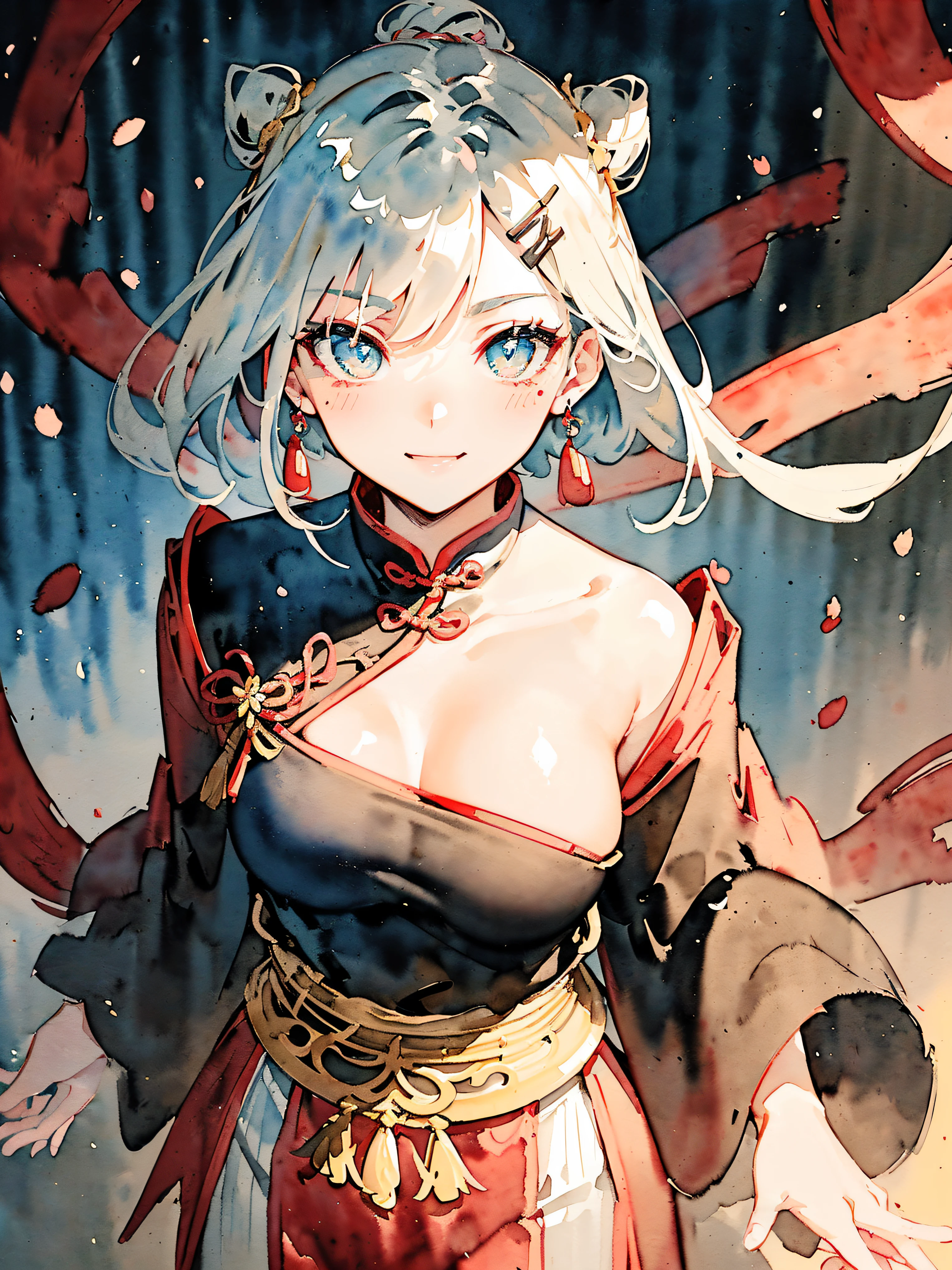 (((samurai hairstyle,short ponytail,)))(((((((Chinese ink painting，watercolor paiting，ancient chinese costume,female face,confident smile,adorable cute,kawaii))))))),(((cat pupils,blush stickers,v shaped eyebrows,cyan Mix white pick dye hair，fox fur cuffs,White mink coat，off shoulders,hands in pockets,)))((1lady,amazing,races of mixing korean lady and Saudi Arabia lady，rosto magro，Solo,))(Masterpiece,Best quality, offcial art, Beautiful and aesthetic:1.2),((超高分辨率,Golden ratio,)) (hrs,HD,16k),((from above，milf，busty body,detailed oil painting,)),{{watercolor}},(Physically-based rendering),Amazing,Sharp focus, (((highdetailskin,))),Intricately detailed clothing,Lying silkworm eyebrows，long eyebrows,Delicate pupils,danfeng eye,((((detailed hair,short hair|top knot|Undercut)))),Slender,(masterpiece sidelighting),(The sheen),(beautiful hair,beautiful eyes,）[[Delicate fingers and hands:0.55]::0.85],(Detail fingers),(((Superior quality,)))),((unbelievable Ridiculous,)),((extremely_Detailed_Eyes_and_face)),Movie girl,(Dynamic configuration: 1.2),Brilliant,Glossy, (Photorealistic), The light from the back window is backlighted,mitts, ((hairpin)),golden earrings, Light particles petals, Side Rock,Graceful maxi dress, two-sided fabric