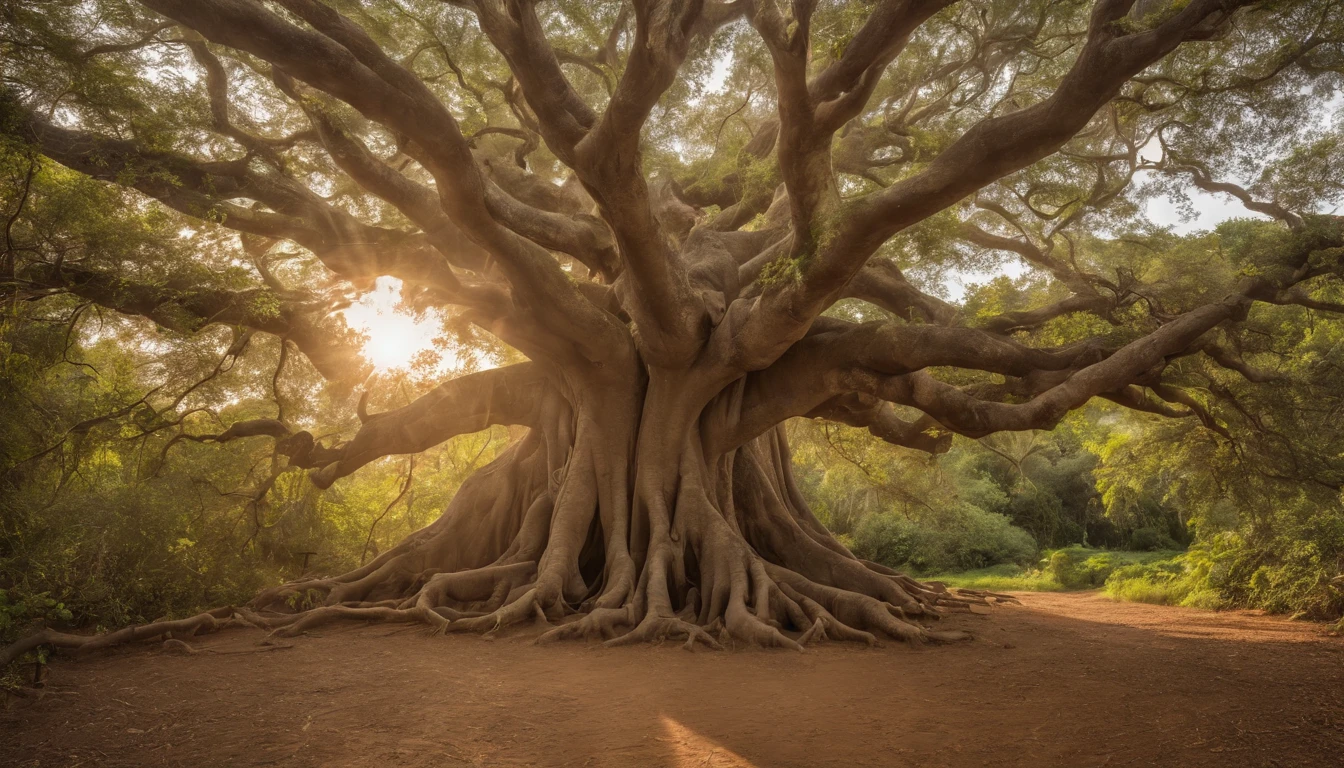 in a small village surrounded by lush greenery, There was a magnificent banyan tree. This tree, with its sprawling branches and intertwined roots, nevoeiro, Enevoado, vento, ventoso, Sunset backlight, Centrado, no quadro, Tiroteio de cowboy, nenhum humano, 8k, ultra fotorrealista, alta qualidade, master part, Fisheye, Add a realistic robot to this image