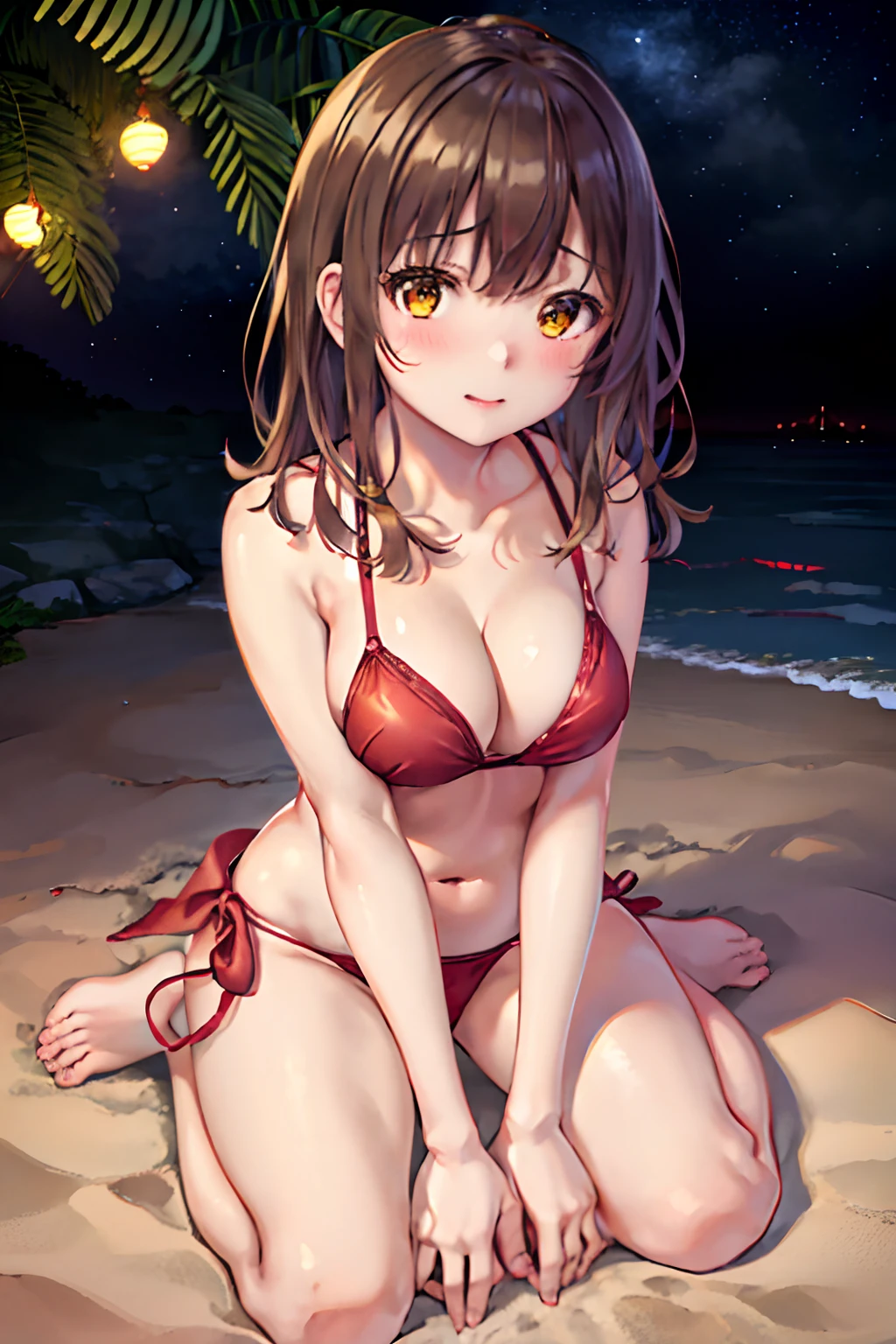 ogiwara sayu, 1girl, solo, red bikini, blush, barefoot, cleavage, swimsuit, sarong, (absurdres), (highres), looking at viewer, on the beach, night, moon, ocean, fireworks, (extremely detailed CG unity 8k wallpaper,masterpiece, best quality, ultra-detailed)