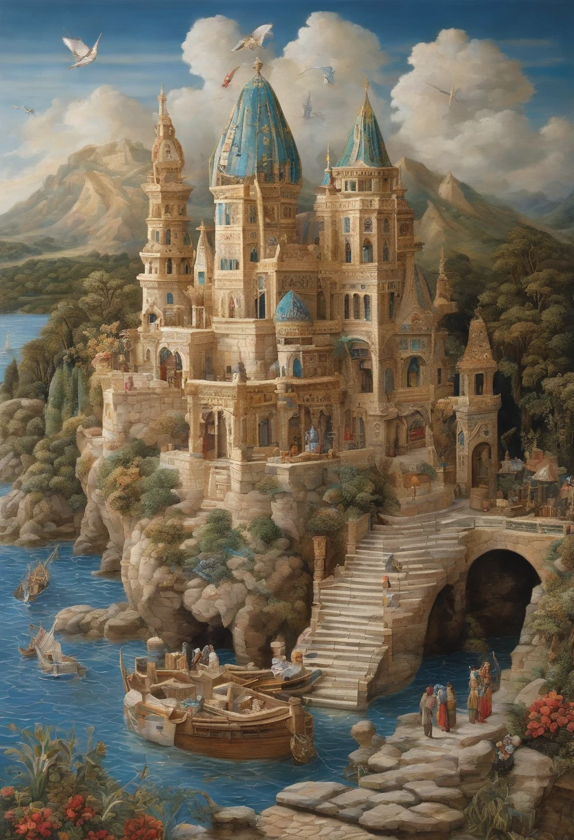 Exquisite and detailed drawings, Tall and complex building on a single island, sur un bord de mer, Chess style, sunny weather, Riche, Classe, Opulent, treasure, Disque dur, highly detailed, Sleek Designs, 2d, joie, bonne humeur, bonheur, An unexpected little whimsical magical element, 64K