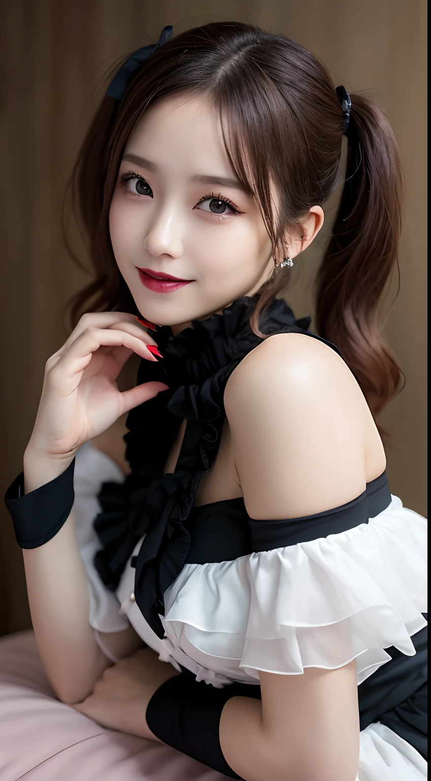 masutepiece, Best Quality, Illustration, Ultra-detailed, finely detail, hight resolution, 8K Wallpaper, Perfect dynamic composition, Beautiful detailed eyes, Pink ruffled blouse, black ruffle skirt, long boots, black twin-tails, huge-breasted, huge-breasted, Huge breasts, huge-breasted, huge-breasted, Gothic fashion, Gothic makeup, face mask, Bold sexy poses,Smile, Landmine fashion、20 years girl、Cute、Sexy shot looking at camera