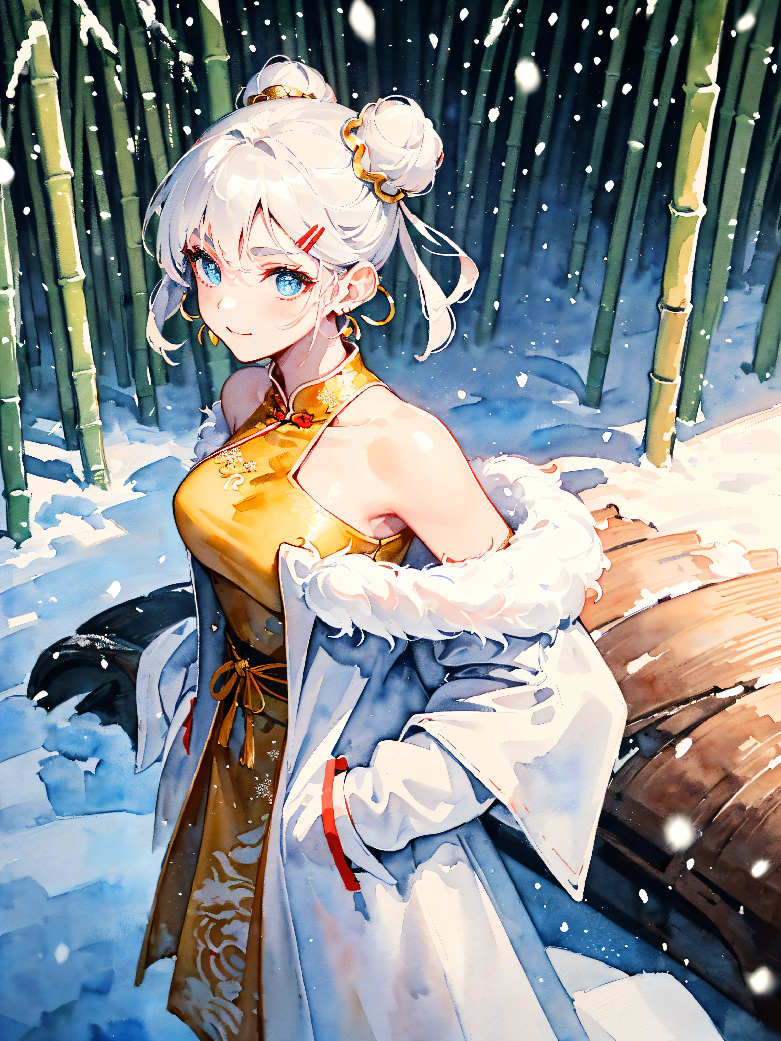 (((samurai hairstyle:1.2,)))(((((((Chinese ink painting，watercolor paiting,bamboo forest background,rich background,Light interlaces light and dark，snowing,Snowflakes in the sky，))))))((((female face,confident smile,adorable ,cute,kawaii)))),(((dragon pupils:1.2,blush stickers,v shaped eyebrows,cyan Mix white pick dye hair，fox fur cuffs,White mink coat:1.2，off shoulders,hands in pockets,)))((1lady,amazing,races of mixing korean lady and Saudi Arabia lady，rosto magro，Solo,))(Masterpiece,Best quality, offcial art, Beautiful and aesthetic:1.2),((超高分辨率,Golden ratio,)) (hrs,HD,16k),((from above，milf，busty body,detailed oil painting,)),{{watercolor}},(Physically-based rendering),Amazing,Sharp focus, (((highdetailskin,))),Intricately detailed clothing,Lying silkworm eyebrows，long eyebrows,Delicate pupils,danfeng eye,((((detailed hair,short hair|top knot|Undercut)))),Slender,(masterpiece sidelighting),(The sheen),(beautiful hair,beautiful eyes,）[[Delicate fingers and hands:0.55]::0.85],(Detail fingers),(((Superior quality,)))),((unbelievable Ridiculous,)),((extremely_Detailed_Eyes_and_face)),Movie girl,(Dynamic configuration: 1.2),Brilliant,Glossy, (Photorealistic:1.2), The light from the back window is backlighted,mitts, ((hairpin)),golden earrings, Light particles petals, Side Rock,Graceful maxi dress, two-sided fabric
