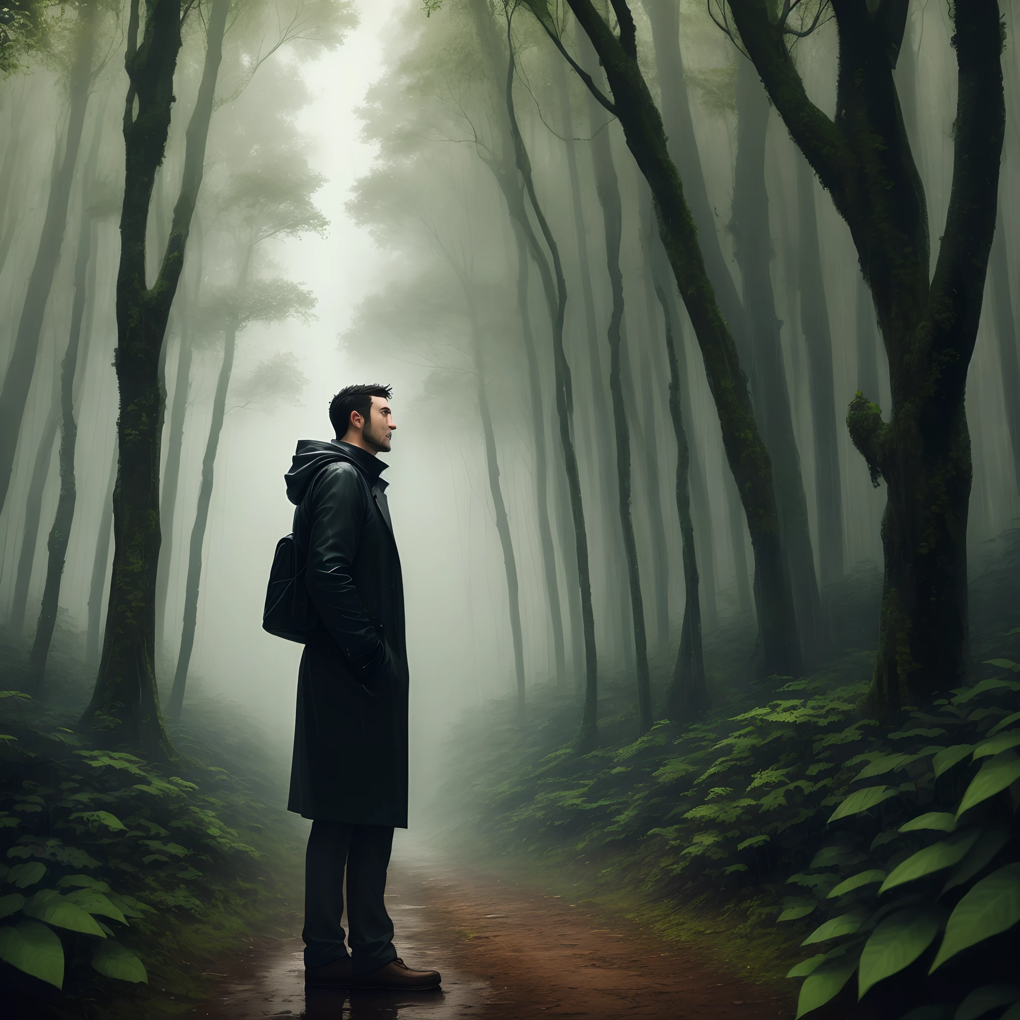 a man is standing in the raining forest