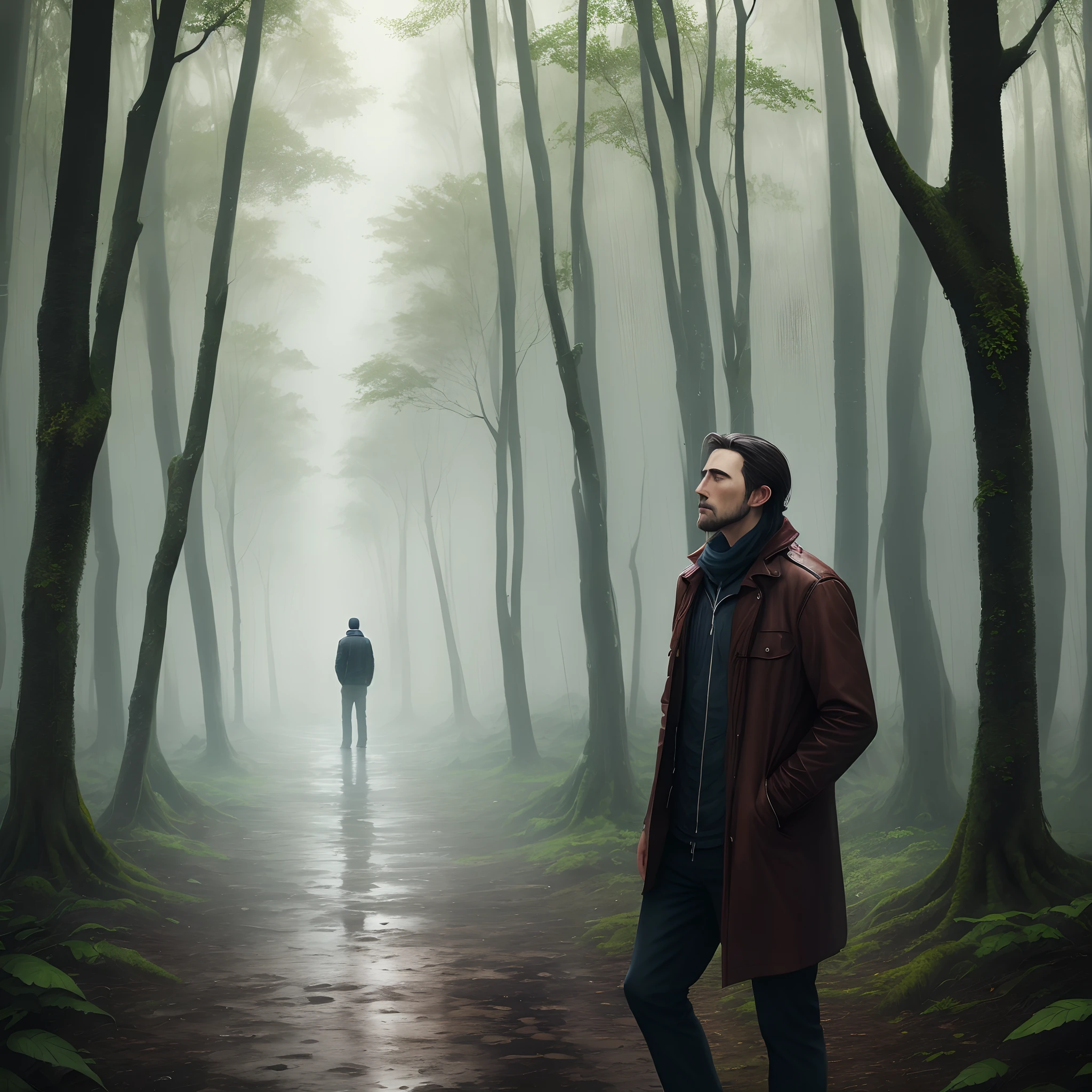 a man is standing in the raining forest