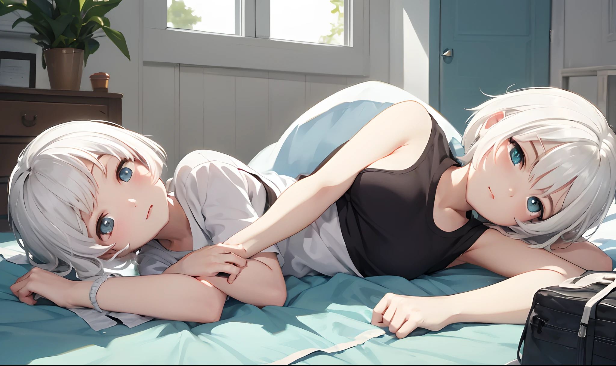 White Hair Short Hair Little Girl Lying Down Anime