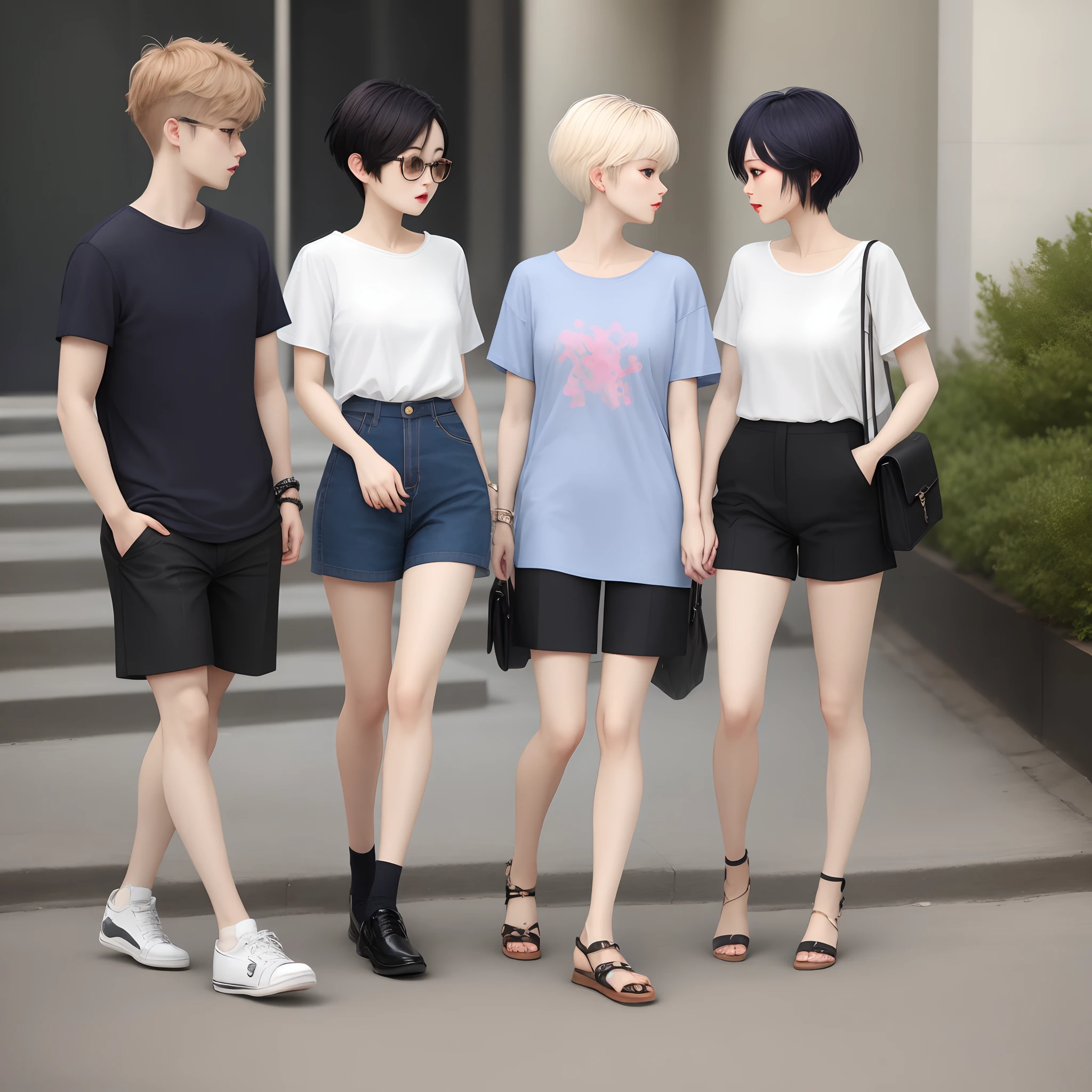 Short sleeve short pants with short hair asymmetry