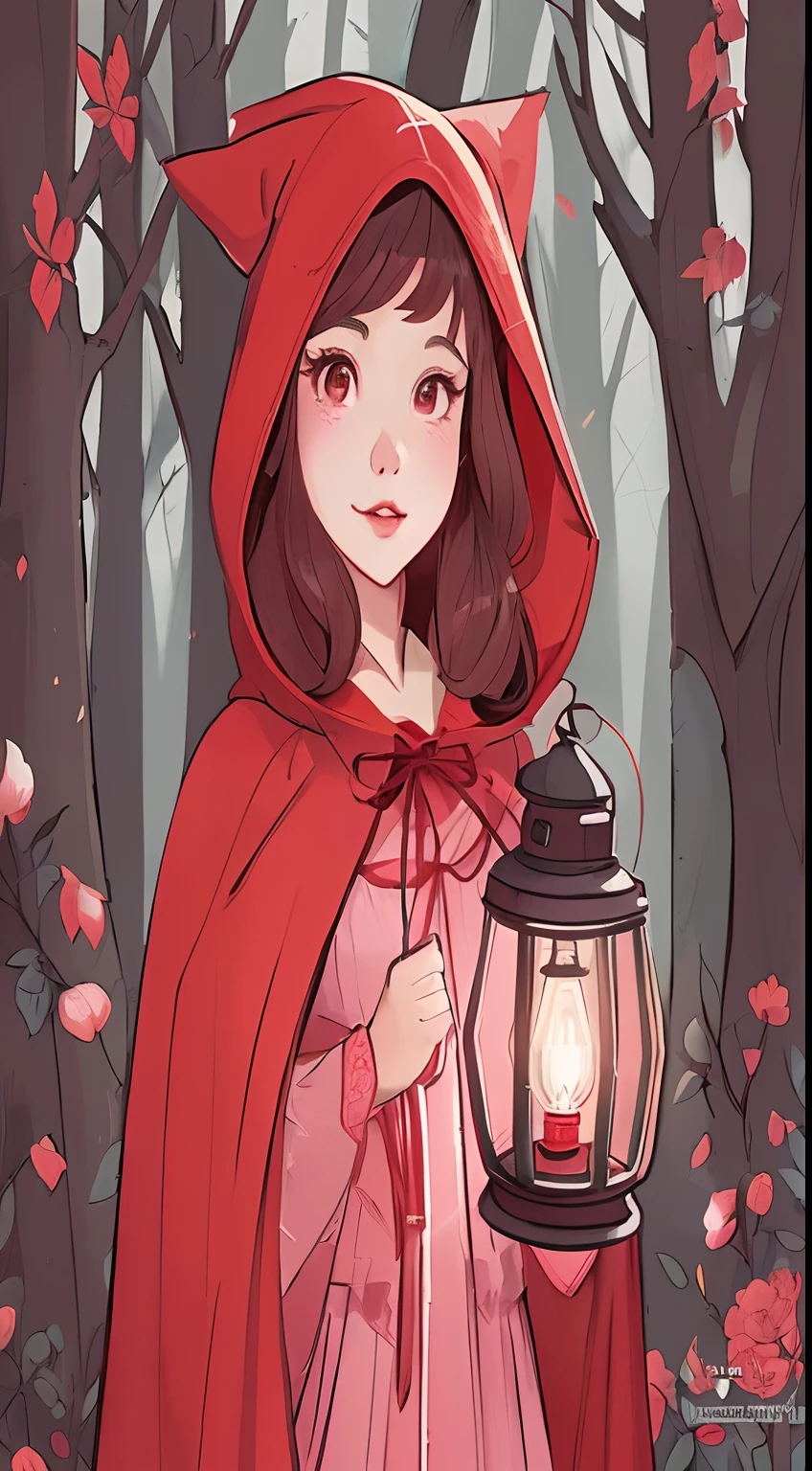 Drawing of a girl in a red cloak holding a flashlight, Dressed in a beautiful red robe, red riding hood, red riding hood, fairy-tale illustration style, official fan art, red hoods, thief red riding hood, detailed fan art, high quality fan art, No Bowater art style, Beautiful Art Style, Cartoon style illustration, fanart, Beautiful detailed digital art