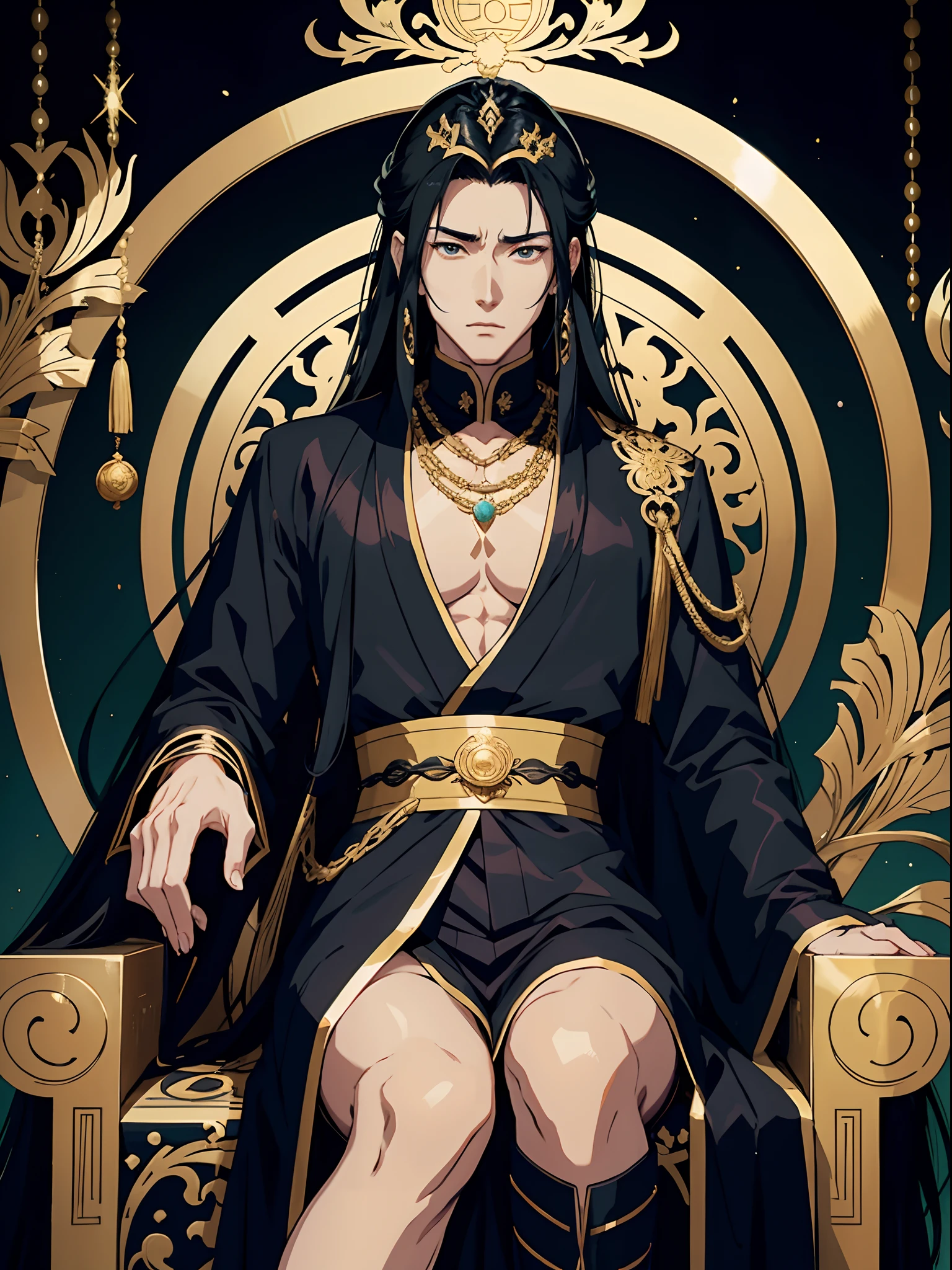 anime handsome man with long black hair, emperor, pearls, brocade, silk, jade, intricate design of the golden throne