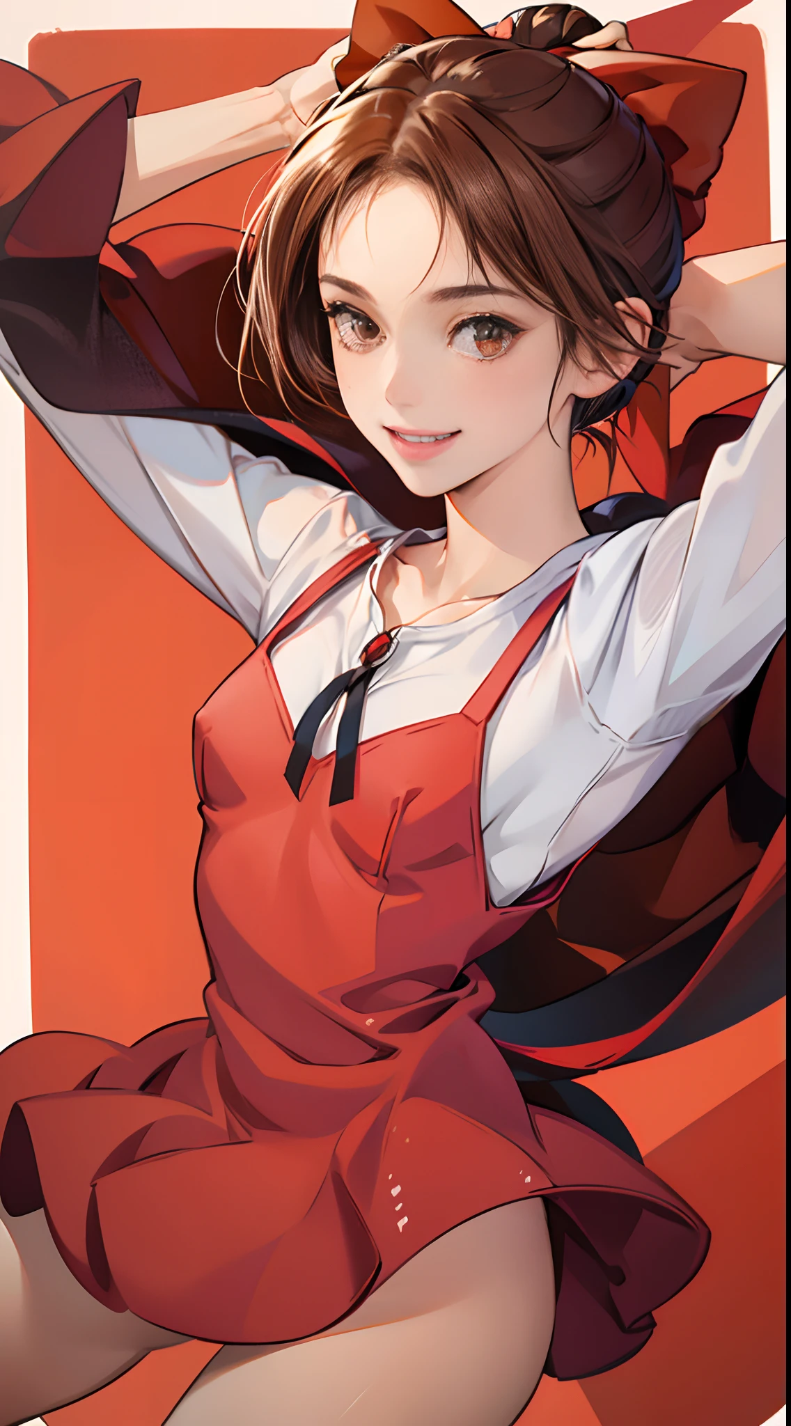 1womanl,Brown hair,Red ribbons ,Natural smile,small tits,White shirt,RED dress,