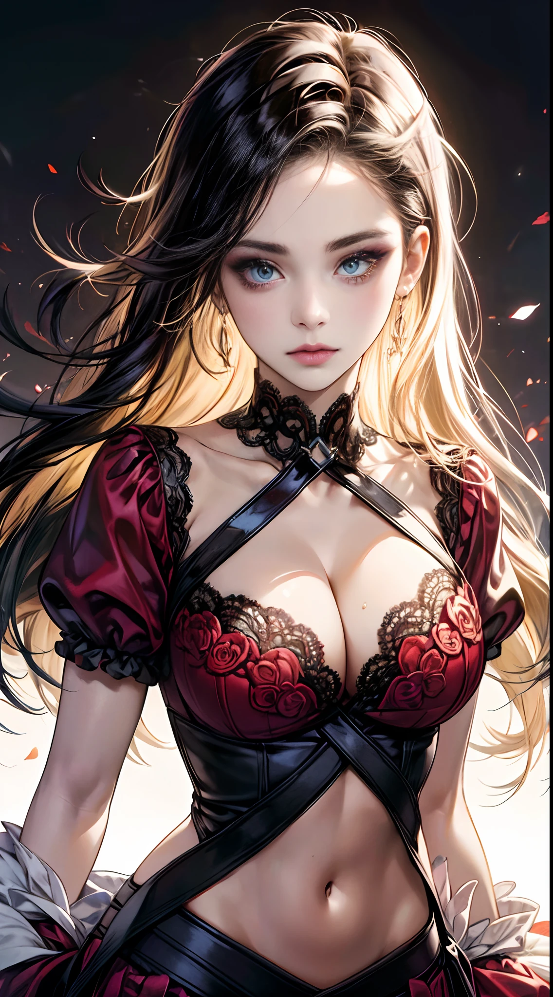 Beauty face, beautiful makeup,(fidelity:1.4),(big chest:1.2)ultra-high res,Cleavage,Outstanding details,navel,Highest picture quality,