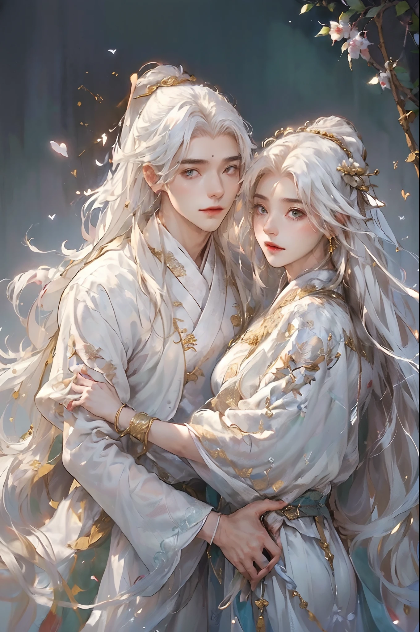 Close-up of a young couple wearing a white dragon dress on their heads，Chinese fantasy，beautiful digital artworks，Ross Tran 8 K，xianxia fantasy，Fenghua Bell，Chinese style，Dragon-inspired cloth robe，Ross Tran和Wlop，