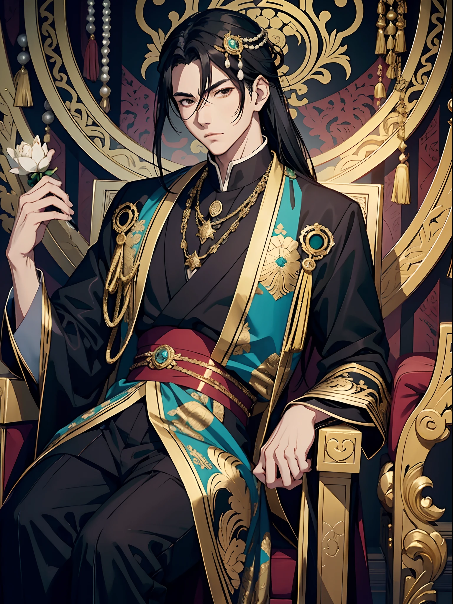 anime handsome man with black hair, emperor, pearls, brocade, silk, jade, intricate design of the golden throne