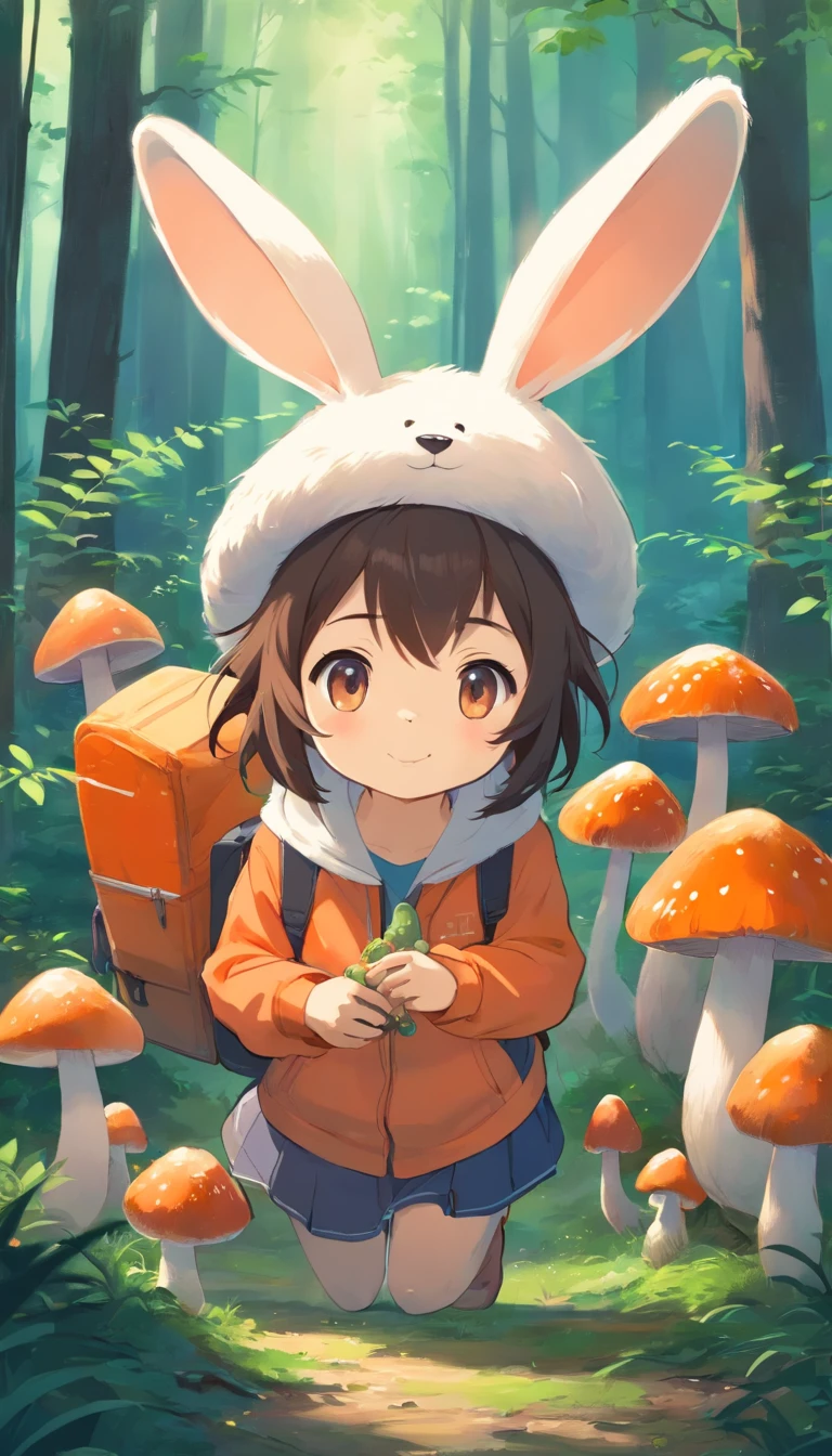 Adorable creatures,Similar to a mixture of rabbit and carrots, Adorable, Cute, Furry, Fluffy, forest, mushrooms, Wearing a mushroom cap