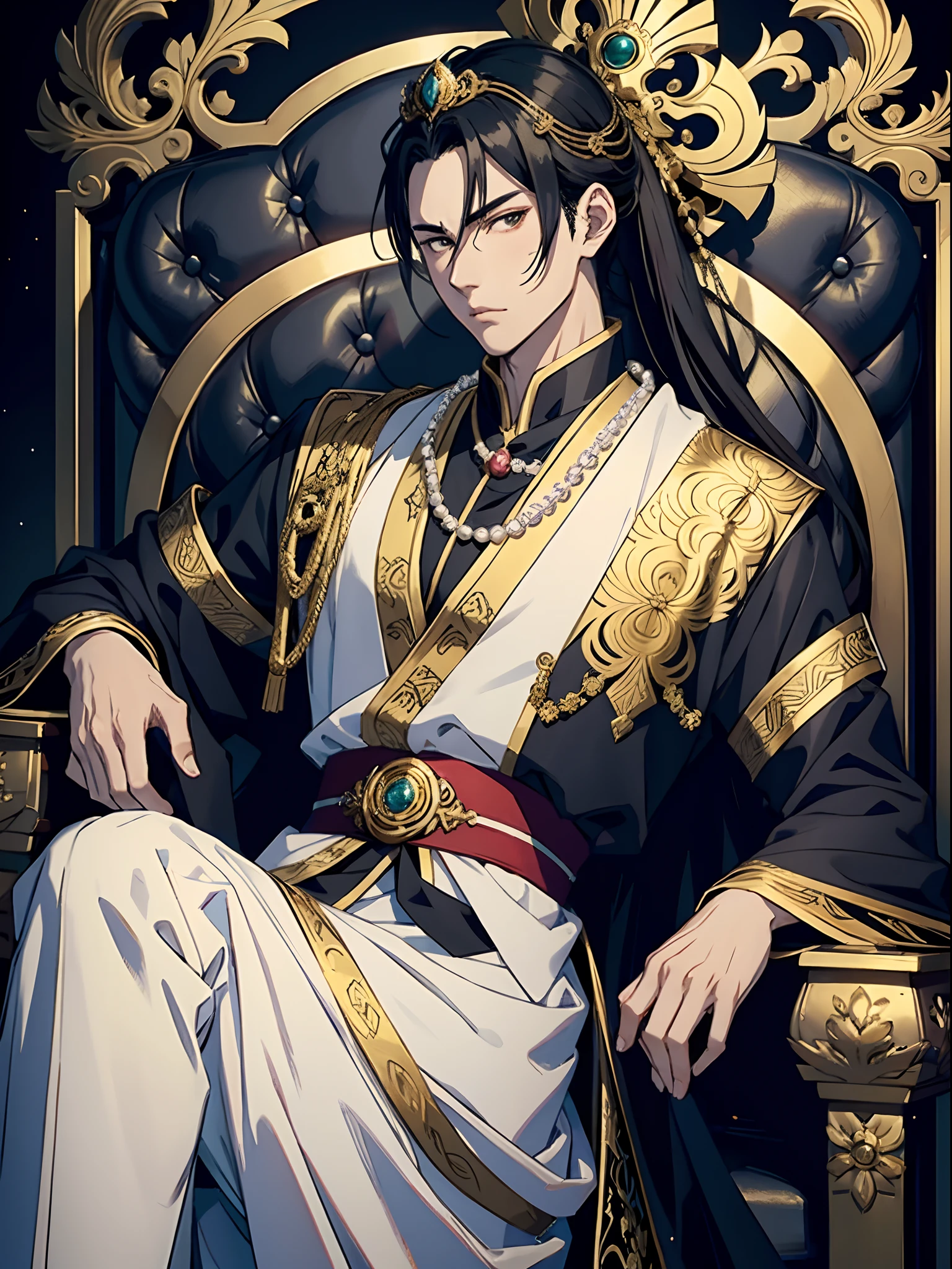 (Best Quality, Masterpiece), 1 boy kneeling in front of a throne. muscular chinese. shiny black hair, slanted honey-colored eyes, dark complexion. ancient chinese warrior costume.