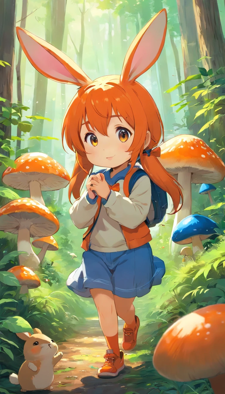 Adorable creatures，Similar to a mixture of rabbit and carrots, Adorable, Cute, Furry, Fluffy, forest, mushrooms, Wearing a mushroom cap