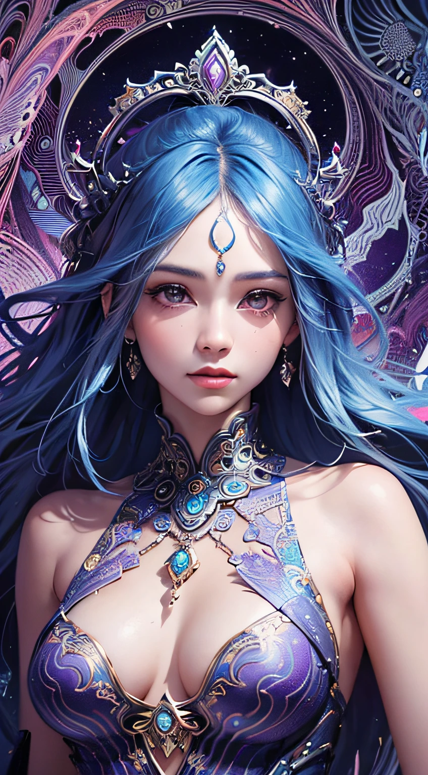 "(tmasterpiece, top-quality, of the highest quality, offcial art, Beautiful and aesthetic:1.2), (girl with:1.3), ighly detailed,(s fractal art:1.2), Colorful, highest details,(Zentangle:1.2), (Dynamic gestures), (Abstract background:1.5), (shift dresses:1.2), (Shiny skin), (Many colors:1.4), Upper body""Generate: Beautiful - Spiritual - Female - Serene - Peaceful - Attire - Jewelry - Spiritual Symbols - Mystical Elements - Natural Scenery - Tranquility - Harmony - Colors (Blue, Purple)."