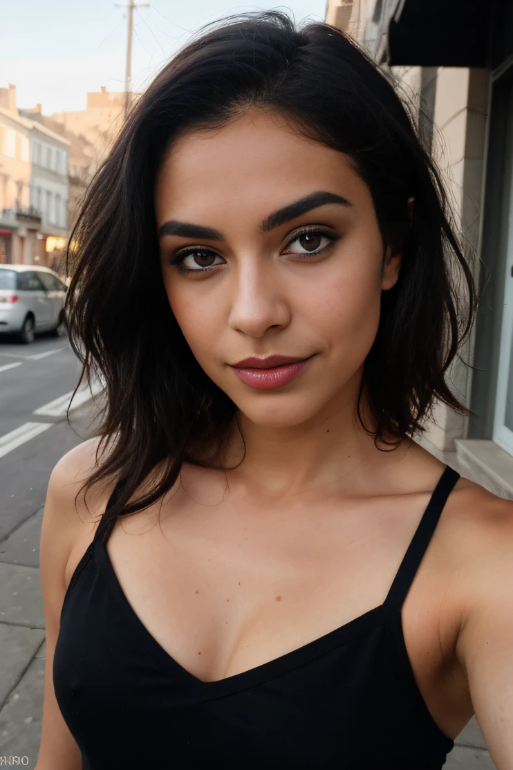 femme adulte, Detailed short and messy black hair, Plan moyen, Selfie,dressed, Supermodel very dark tan, beau visage, yeux bleus, detailed body, Des yeux parfaits, visage parfait, Daytime running lights, detailed Shadows, Hdr, photoreallistic, well lit,Selfie de face, latina, hispanic