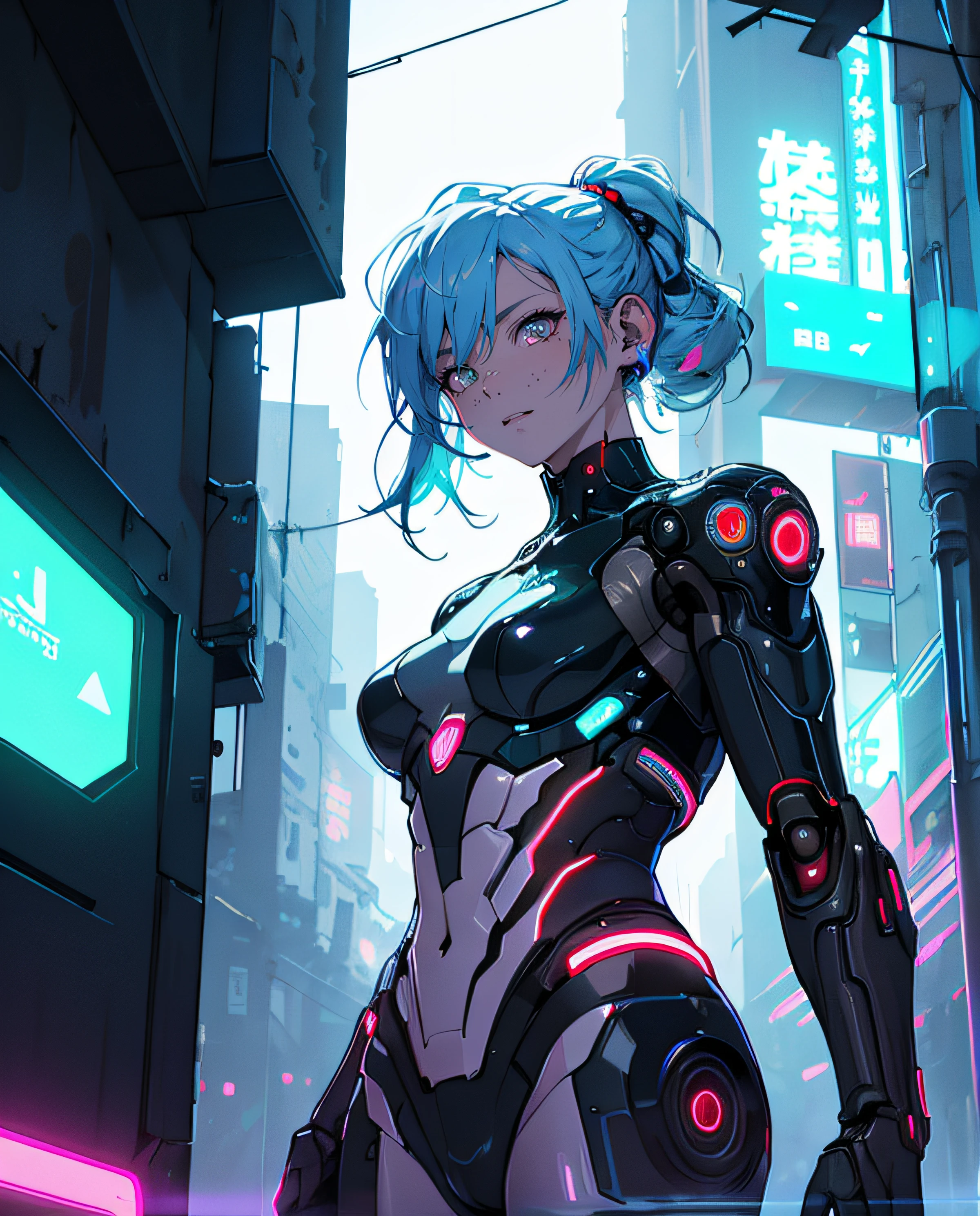 absurderes,hight resolution,Reflectors,refraction:1.4,super-fine:1.4,(真实感:1.4,超A high resolution,RAW Photos),BREAK(Cyberpunk Personality:1.3),Droid,Robot Girl,silber hair,The upper part of the body,Beautiful face and cool expression,In the dark and decaying ruins,(ultra wide-angle:1.2),Shoot Blake from below((Neon light,vibrant glow,Dynamic colors,Vivid contrast,Futuristic atmosphere,electric energy,Glossy reflective surface))