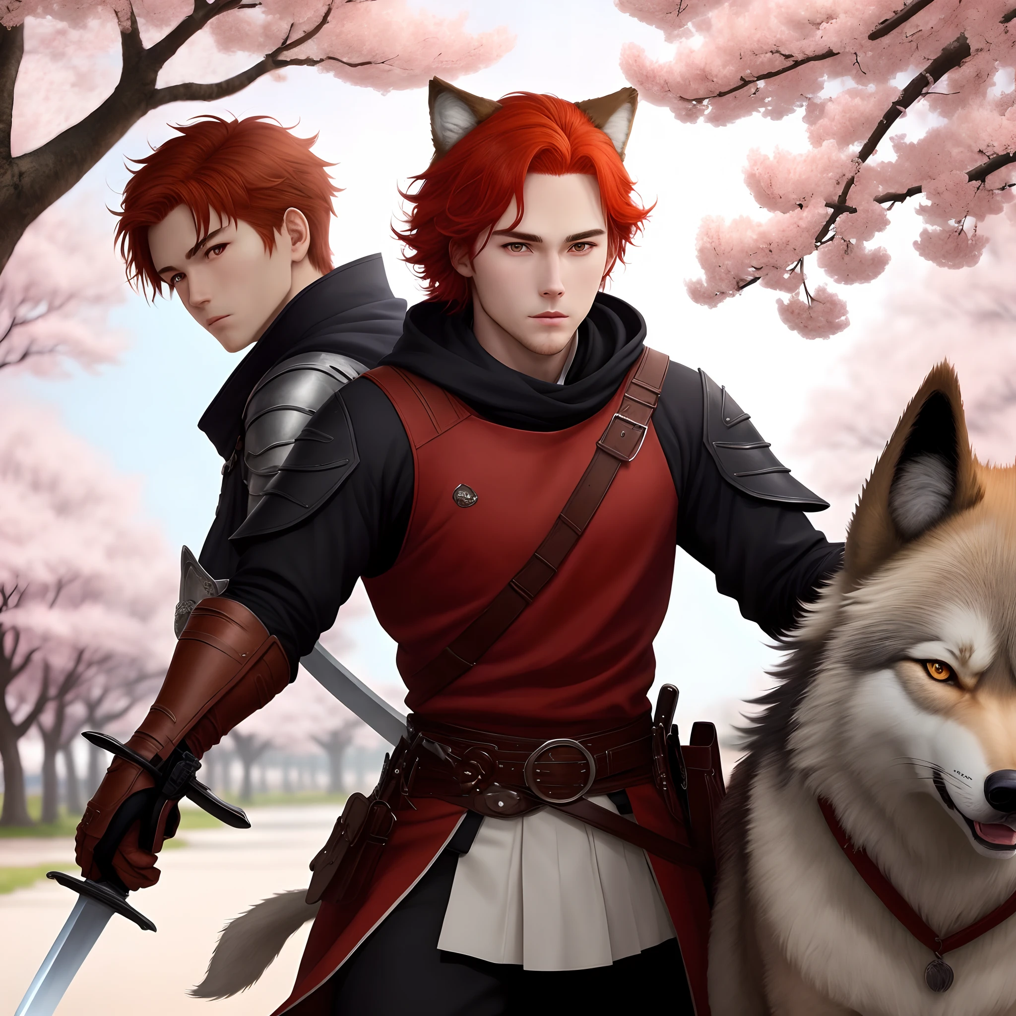 I want a background of cherry blossoms and then a white man with red hair, brown eyes, wolf costume holding a sword in anime version.