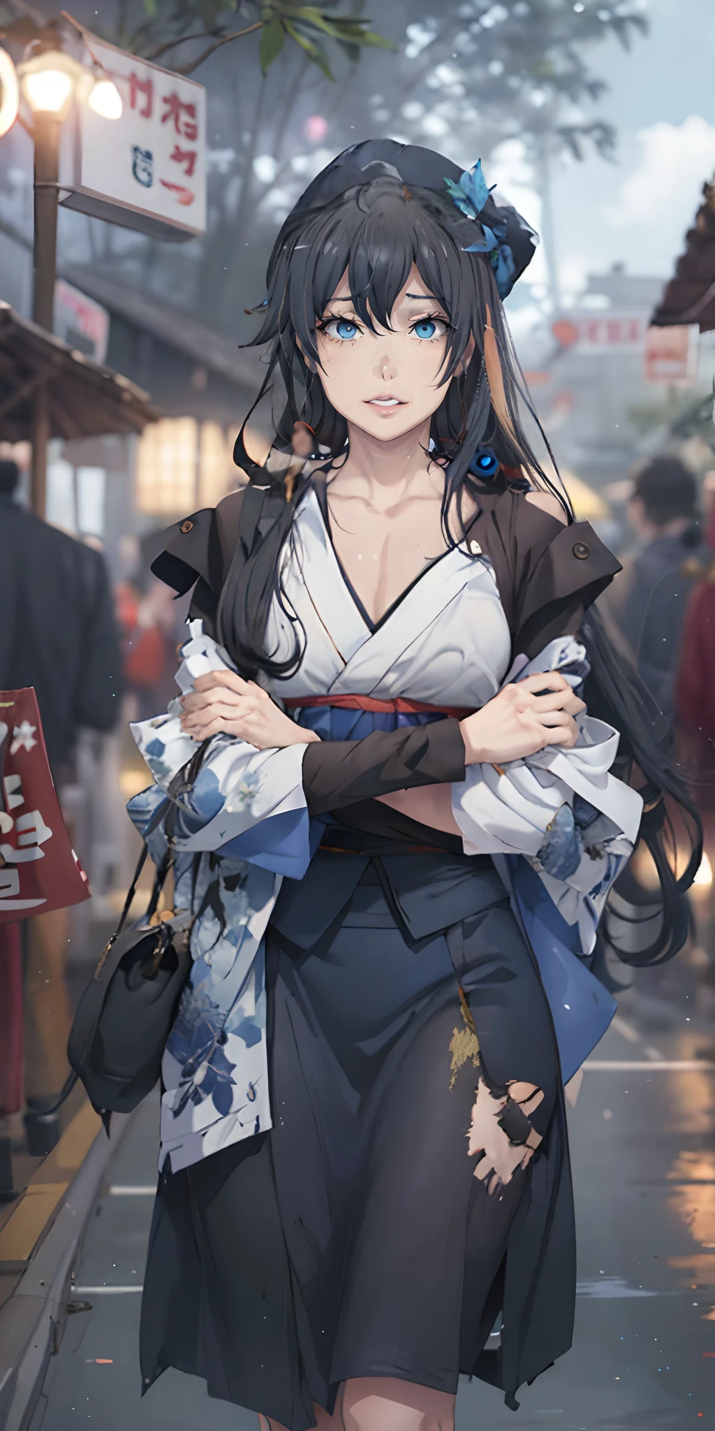 yukinoshita yukino, (long hair, black hair:1.5), (blue eyes:1.5), breasts, epic art, fantasy, 1girl, breasts, large_breasts, nature, forest, solo, tree, cleavage, sash, bamboo, bamboo_forest, japanese_clothes, crossed arms, obi, leaf, outdoors, blurry, detached_sleeves, looking_at_viewer, sheath, sleeveless, bare_shoulders, wide_sleeves, depth_of_field, cowboy_shot, kimono, sleeveless_kimono, standing, day, glow effects, godrays, Hand drawn, render, 8k, octane render, cinema 4d, blender, dark, atmospheric 4k ultra detailed, cinematic, Sharp focus, big depth of field, Masterpiece, colors, 3d octane render, 4k, concept art, trending on artstation, hyperrealistic, Vivid colors, extremely detailed CG unity 8k wallpaper, trending on CGSociety, Intricate, High Detail, dramatic, anime coloring, anime screencap, sweating, steaming body, fog
