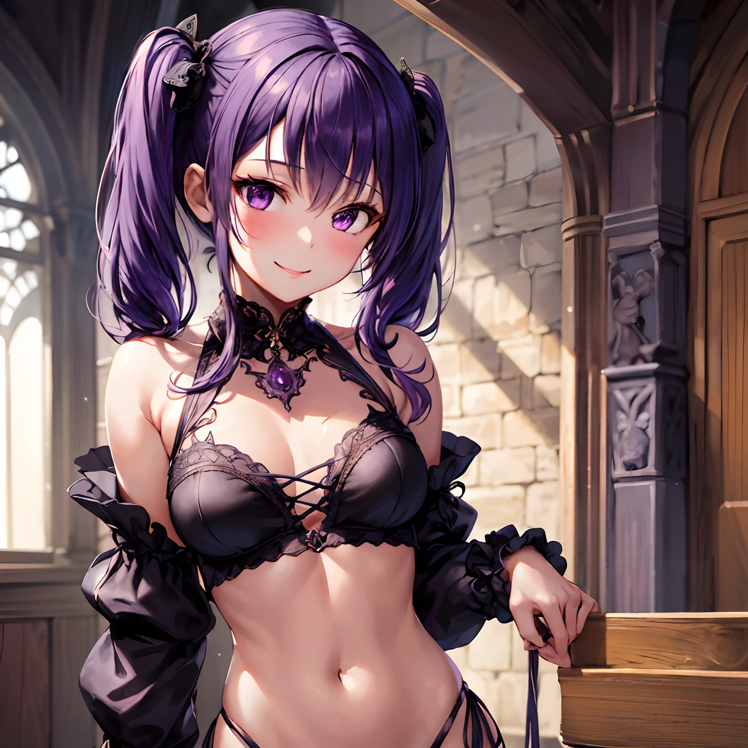 high quality, high resolution, complex, intricate, detailed, 1girl, medium breasts, purple double-crowned hair, two pigtails, purple eyes, bare shoulders, bare stomach, short and sexy witch outfit, skinny, focus on the upper body, smile, blush, medieval bedroom, fantasy