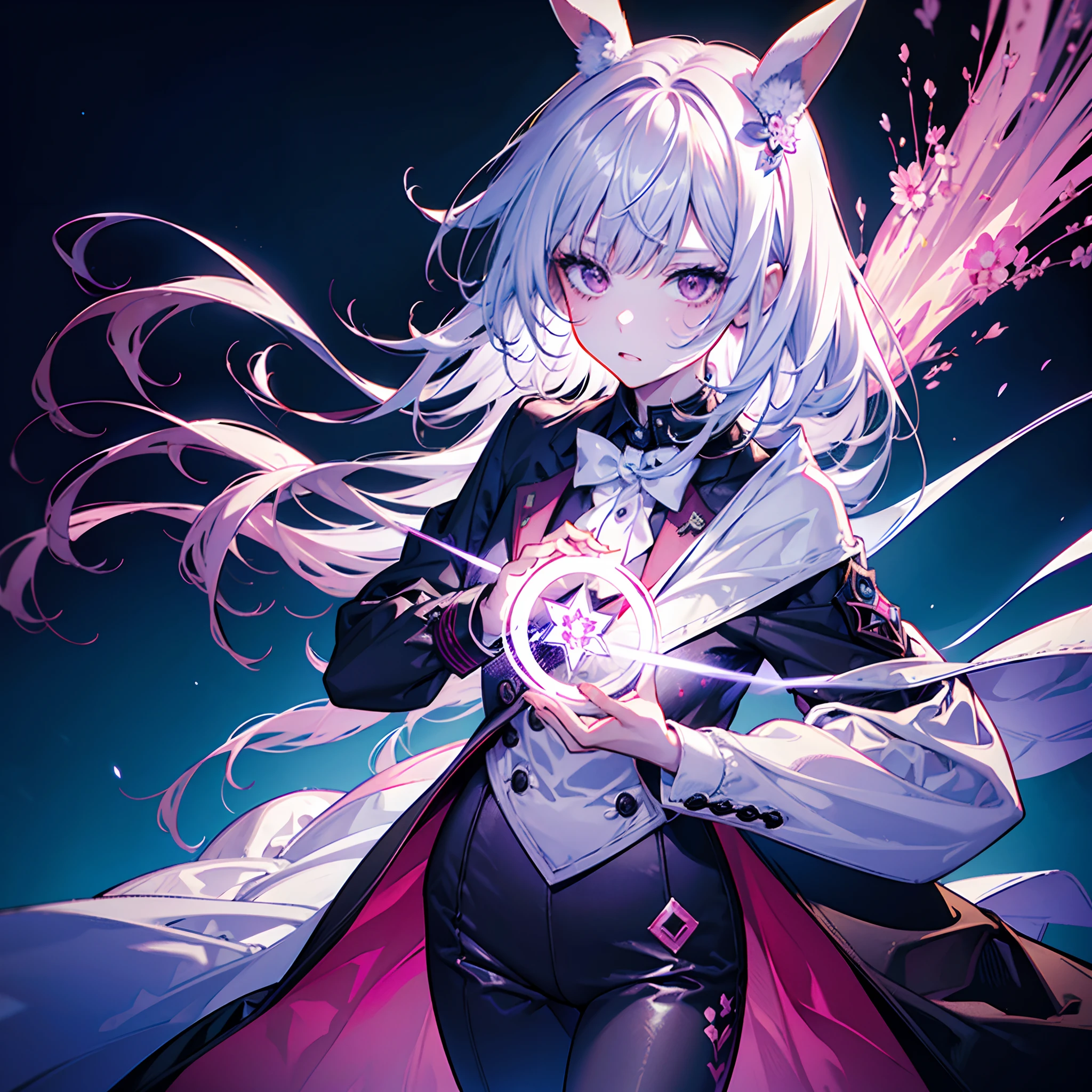 A rabbit girl, electro power, sakura summon power, electro vision, brown eyes, ?????? face, dark skin, white polite shirt and pants clothes, not revealing clothes, genshin impact character design, fantasy world