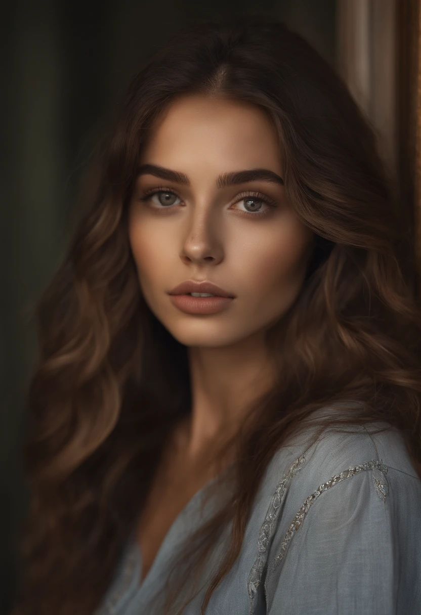 Arafed Woman Completely Latin, Sexy girl with dark eyes, ultra realist, Meticulously detailed, Portrait Sophie Mudd, cheveux bruns et grands yeux, selfie of a young woman, sans maquillage, maquillage naturel, looking straight at camera, Visage avec Artgram, Maquillage subtil, Great photo of the whole body kneeling on the bed, dans la chambre, Medium to large bust