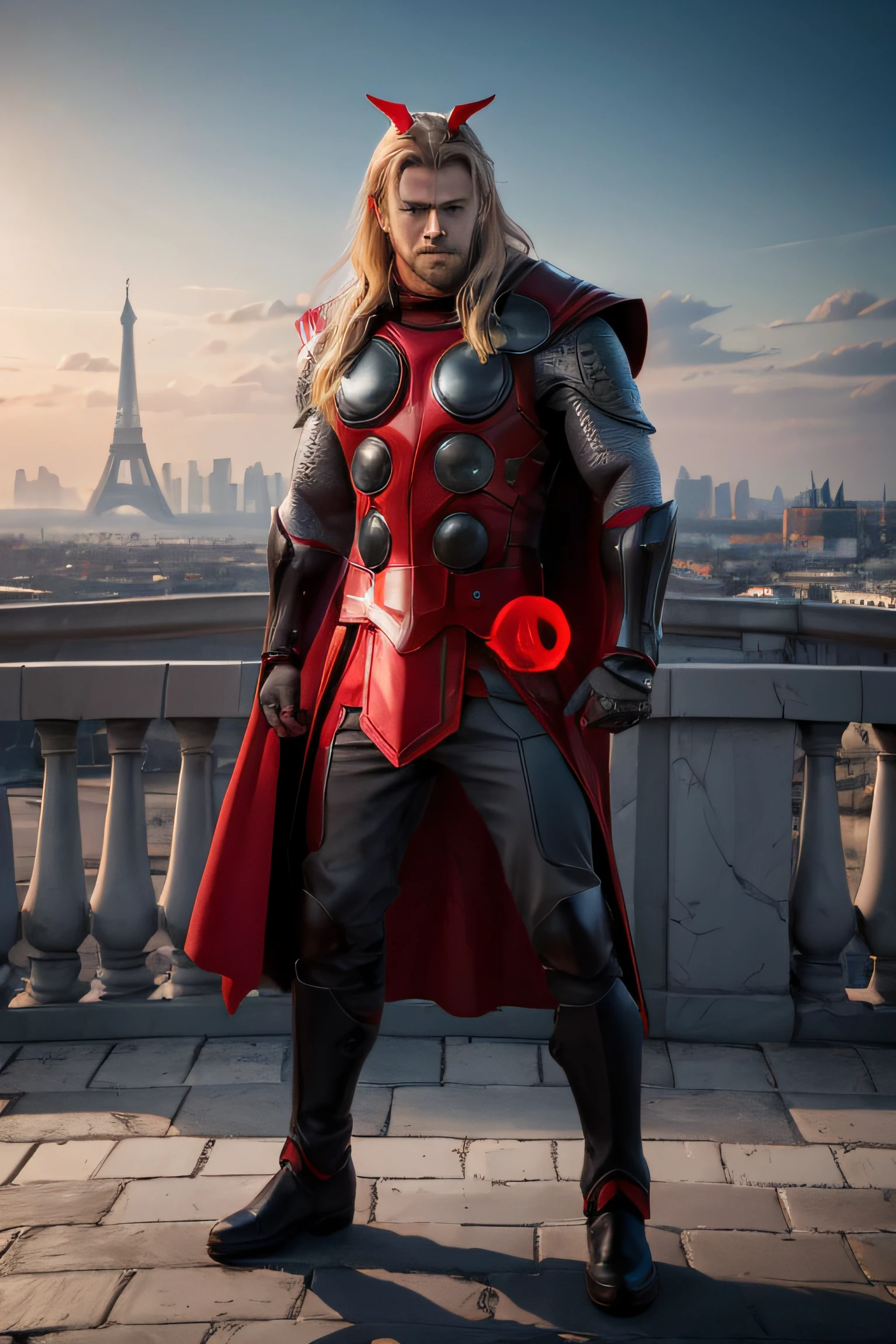 Chris Hemsworth, Thor, Outfit dyed black and red, black dots on red cape, yoyo gangeling from hip, red yoyo with black dots, gamesicon gloves with red fingers, schwarze Stiefel, black armpiece, Torso armor in bright red with black dots, rote Maske unmrandet blaue Augen, red feelers, Braids,Gewitterwolken im Hintergrund,dynamische Pose, Dramatische Schatten,bokeh,Physikalisch basiertes Rendering,Pariser Architektur, Atemberaubender Sonnenuntergang,weiches, warmes Licht,berauschende Energie,