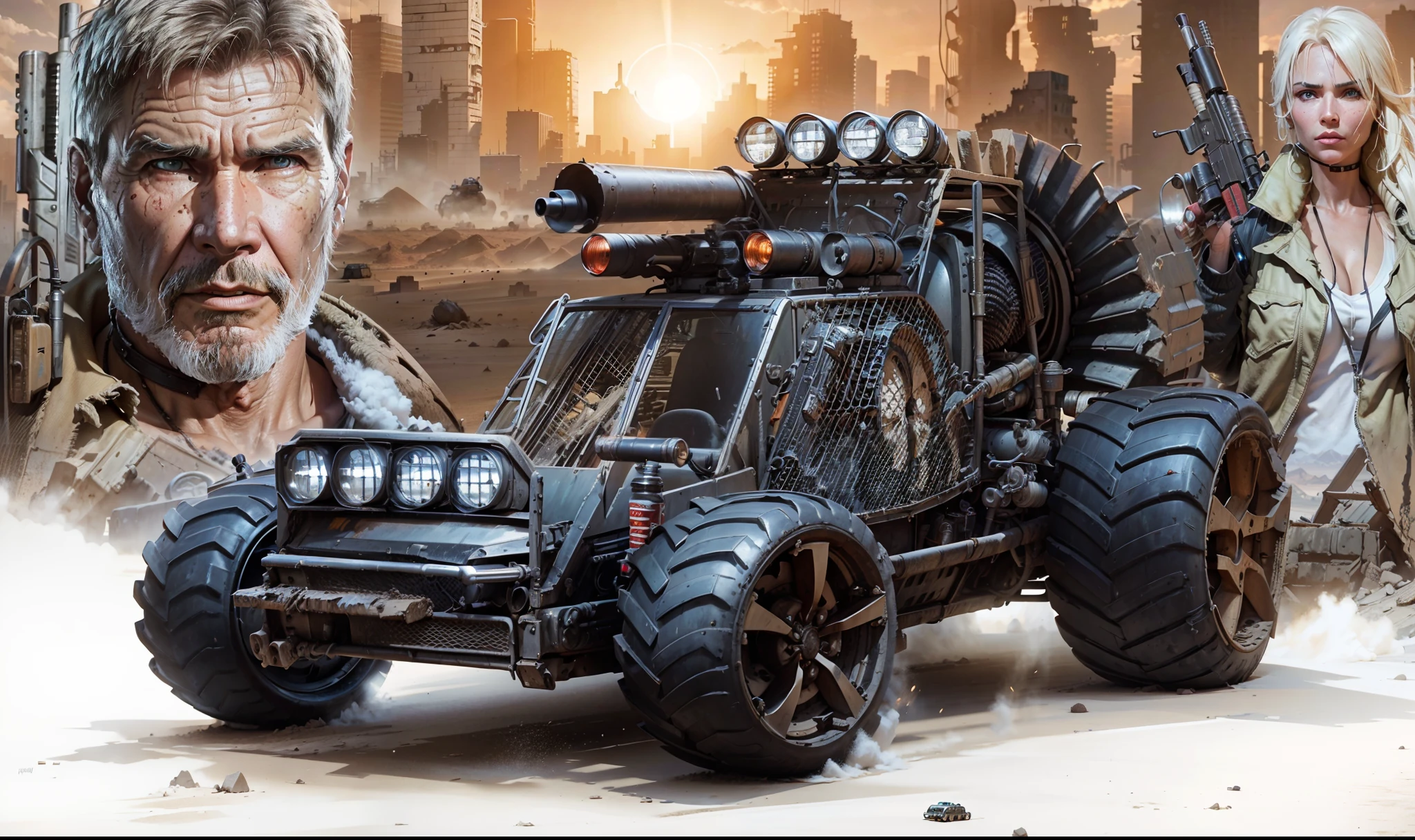 A small vehicle heavily armed with machine guns and missiles behind is a Harrison Ford warrior man with a Mad Max style gun and on the other side is a warrior woman carrying a big gun and a city with destroyed and fallen buildings in the desert with a huge sun in the sky shining on the buildings