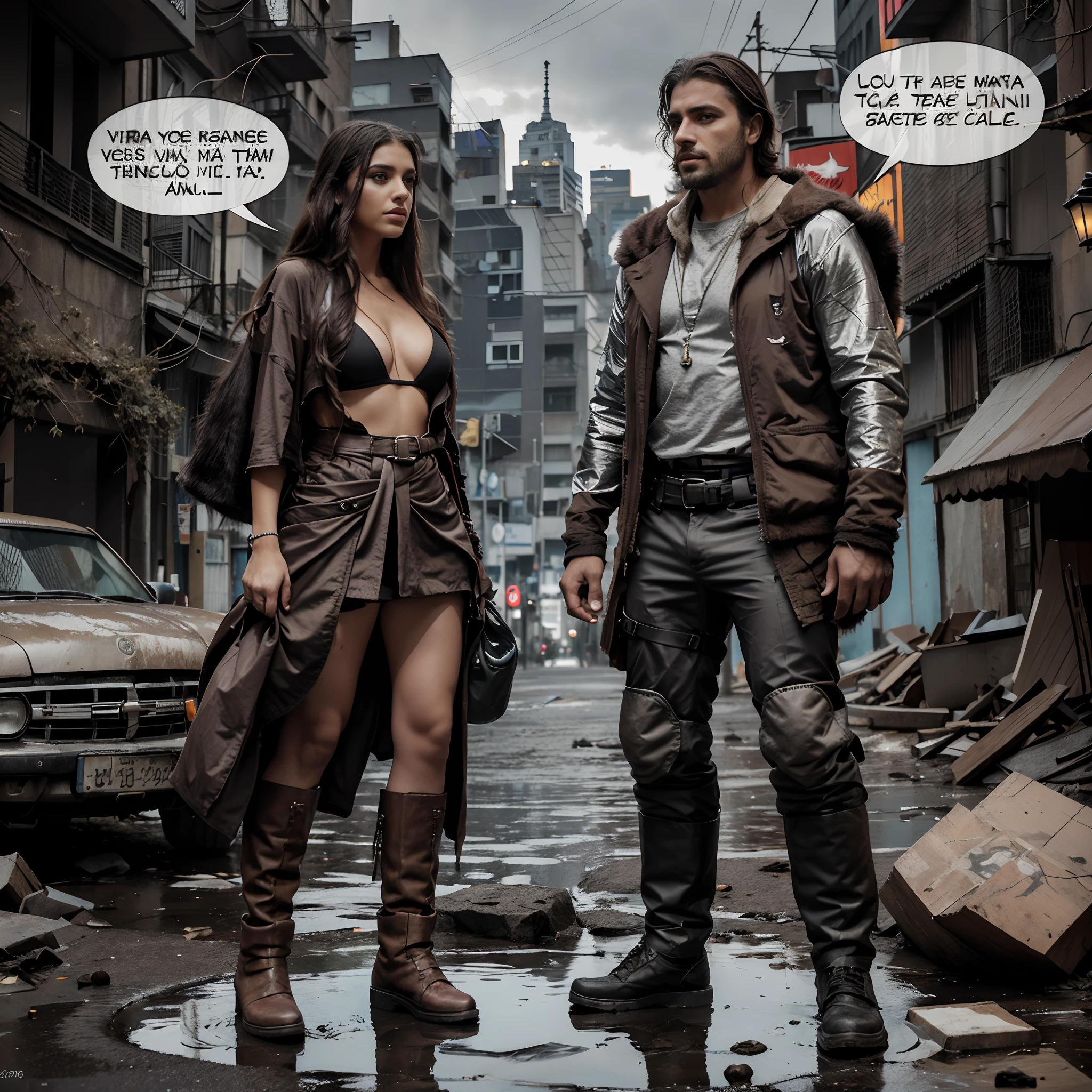 La imagen es un paisaje urbano oscuro y desolado, con dos personajes parados en medio de la calle. Una de ellas es una mujer joven con, cabello oscuro y una mochila desgastada, while the other is a burly man in makeshift armor with a look of concern in his eyes. The two are standing by a puddle of water, con las ruinas de la ciudad y las luces parpadeantes de fondo.

The dialogue takes place between Elara and Caden, que caminan por las calles desoladas. Elara expresses her shock at the state of the city, mientras que Caden lo recuerda como un lugar lleno de vida. They both agree that they need to be careful and keep their eyes open, since they are not alone in the city.  DAME EL DIALOGO INTENSO TIPO BLADE RUNNER!