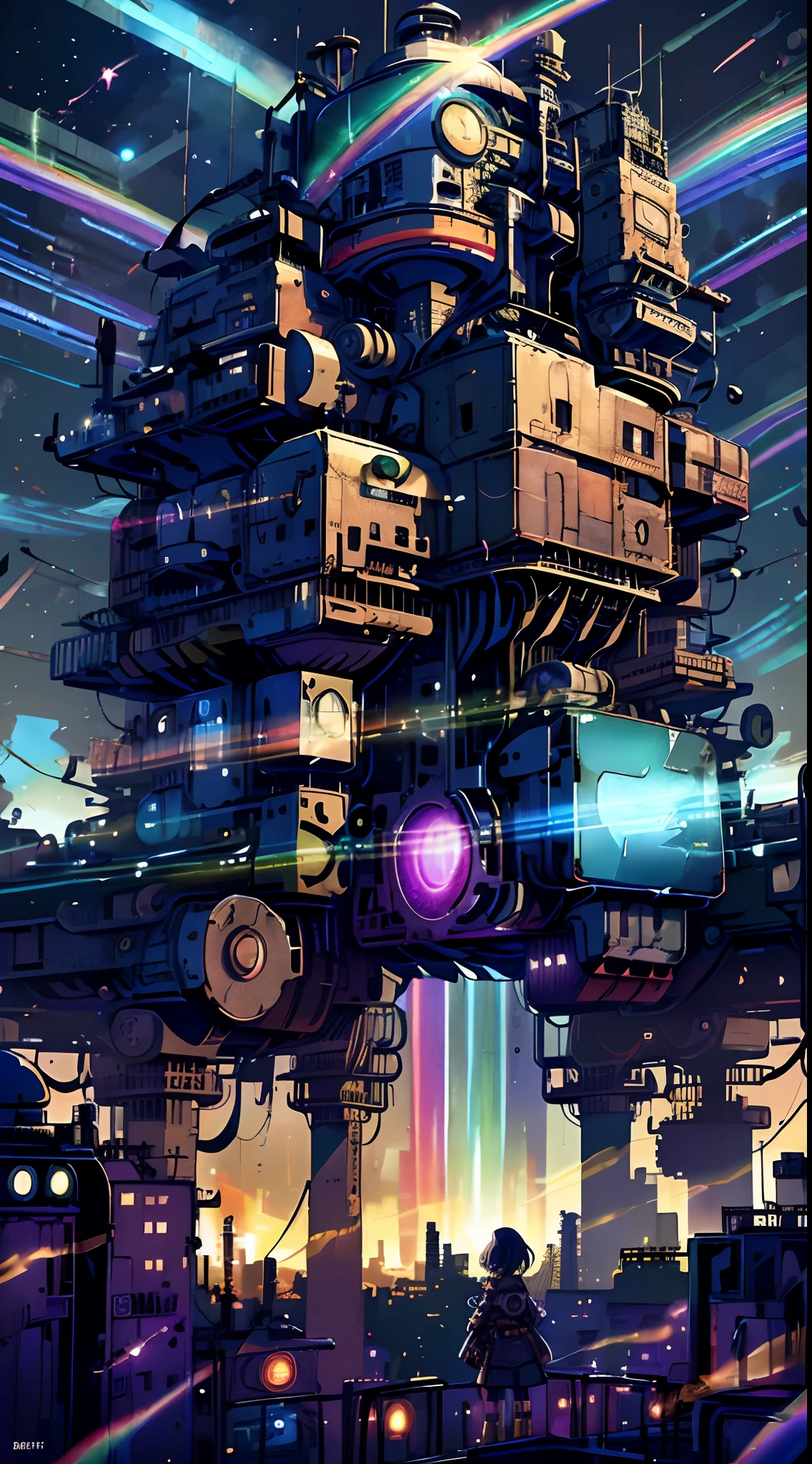 In a dystopia, ((psychedelic rainbow shooting star sky))A young girl wanders into a post apocalyptic steampunk skyscraper、One little girl's back in the back center of the screen、Very complex post apocalyptic cityscape、A devastated world、Pulling composition、industrial、High-definition depiction、A city lined with electric wires、Magic Hour、Make a story with 4 sheets