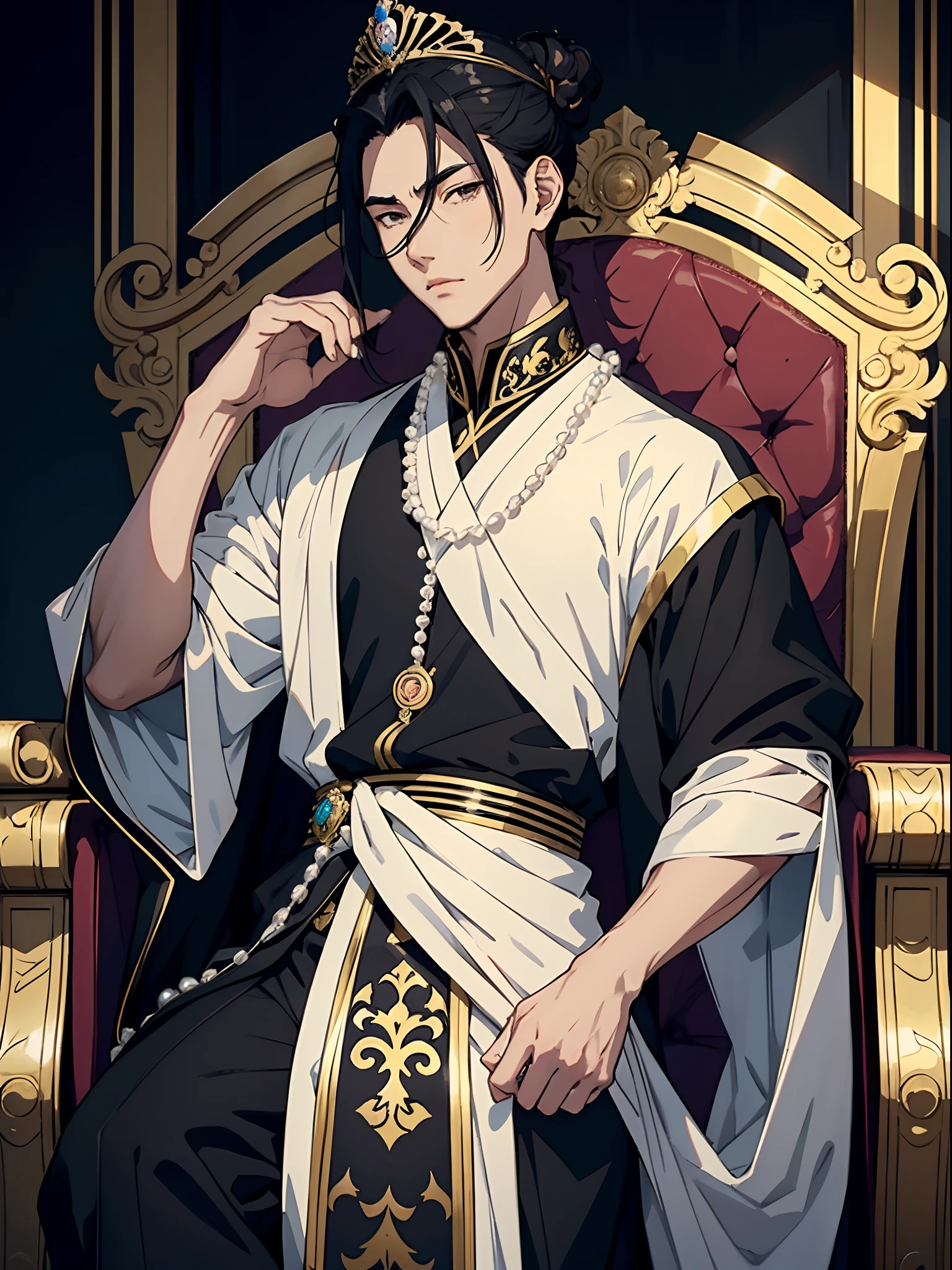anime handsome man with black hair in bun, emperor, pearls, pearl tiara with hangings, brocade, silk, jade, marble throne room