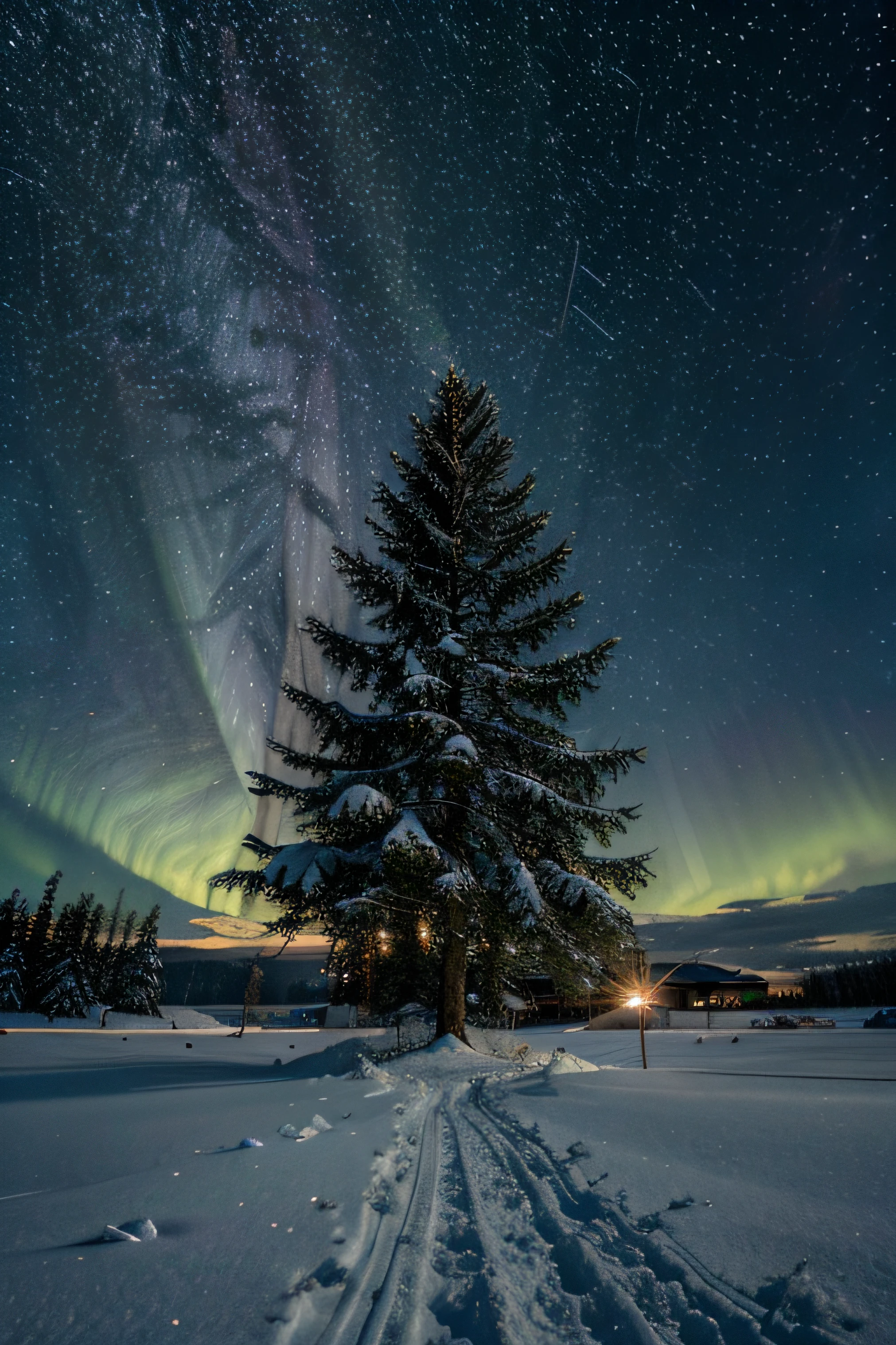 On a snow-covered meadow stands a tall spruce, A lot of snow, Seen 30% starry sky, northern lights