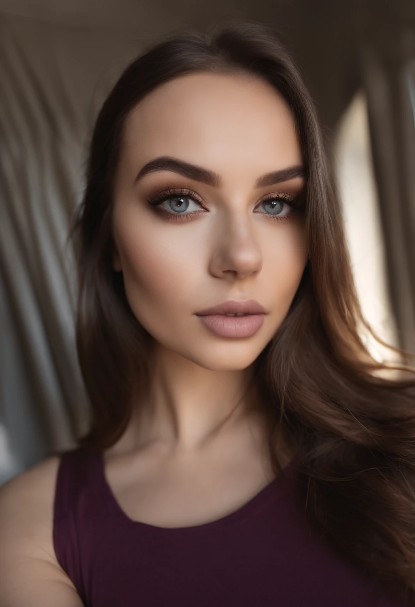 Arafed woman with matching tank top and panties, fille sexy aux yeux bruns, Portrait Sophie Mudd, cheveux bruns et grands yeux, selfie of a young woman, Yeux de chambre, Violet Myers, sans maquillage, maquillage naturel, looking straight at camera, Visage avec Artgram, Maquillage subtil, Superbe photo du corps entier, dans la chambre, clivage