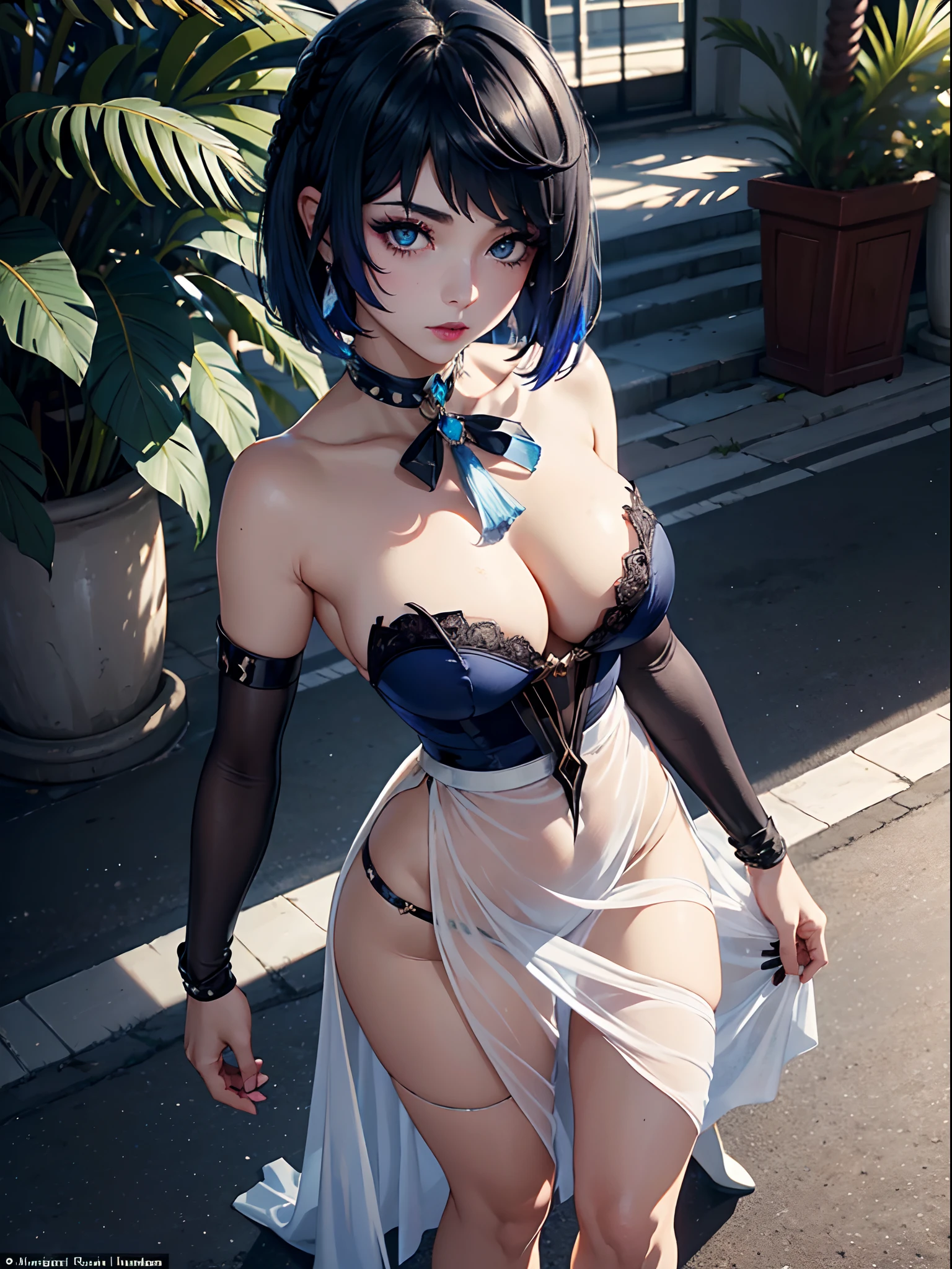 (8k:1.2), (masterpiece:1.2), (Solo), (Detailed eyes and skin), (detailed facial features), nffsw, Perfect Style, Beautiful face, Anatomically correct, Highly detailed face and skin texture, (Black eyes:1.5), Glossy skin, Sunlight, Ayana_taniguchi, (cowboy shot:1.3), yelan v4
BREAK (black mascara: 1.4), (dark gray rouge: 1.4), (very pale skin: 1.4), (blue cheeks: 1.3),
BREAK standing in LA street with palm trees,
BREAK in gorgeous, long white glitter dress, ((wearing white glittery dress with asymmetrical:1.4) (very long skirt: 1.4)) and lavers of lace and tulle, (wearing strapless and tight bodice:1.4), (wearing high heels:1.4)
BREAK (short dark blue hair banss:1.4), (dramatic makeup with black eyeshadow, evelashes, and lipstick, has green eyes and fierce look: 1.4) (large breasts: 1.4)
