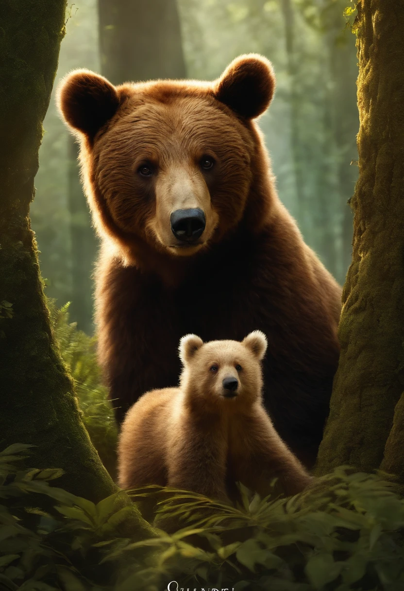Imagine uma cena em que um belo dia, o Urso e o Coelho se encontraram na floresta. Describe their emotions and visible expressions as they first meet. Elabore a cena com detalhes sensoriais e envolventes que destacam a atmosfera da floresta."