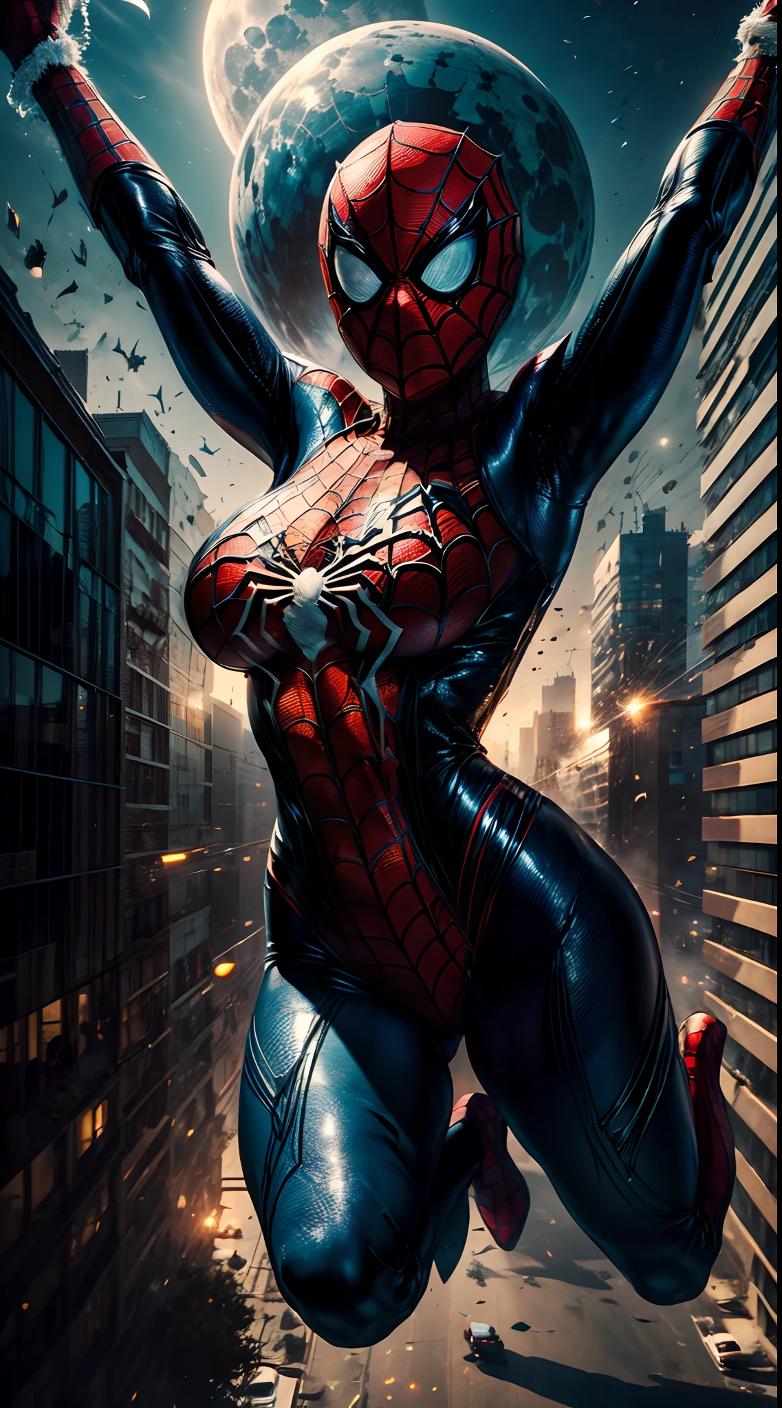 Tia is shown to have a fairly slender figure. She has white-grey hair , she has short hair and large pale green eyes, (Masterpiece, 4k resolution, ultra-realistic, very detailed), (White superhero theme, charismatic, there's a girl on top of town, wearing Spider-Man costume, she's a superhero), ((Spider-Man pose),show of strength, jumping from one building to another), ((sandy urban environment):0.8)| (cityscape, at night, dynamic lights), (full moon))] # Explanation: The Prompt mainly describes a 4K painting of ultra-high definition, very realistic, very detailed. It shows a superheroine at the top of the city, wearing a Spider-Man costume. The theme in the painting is a white superhero theme, the female protagonist  entire body is shown in the painting. In terms of portraying the actions of superheroines, spiders are employed, cleavage compressed, cleavage exposed, big breasts, superior quality, many details, Puri focus  Sharp and realistic