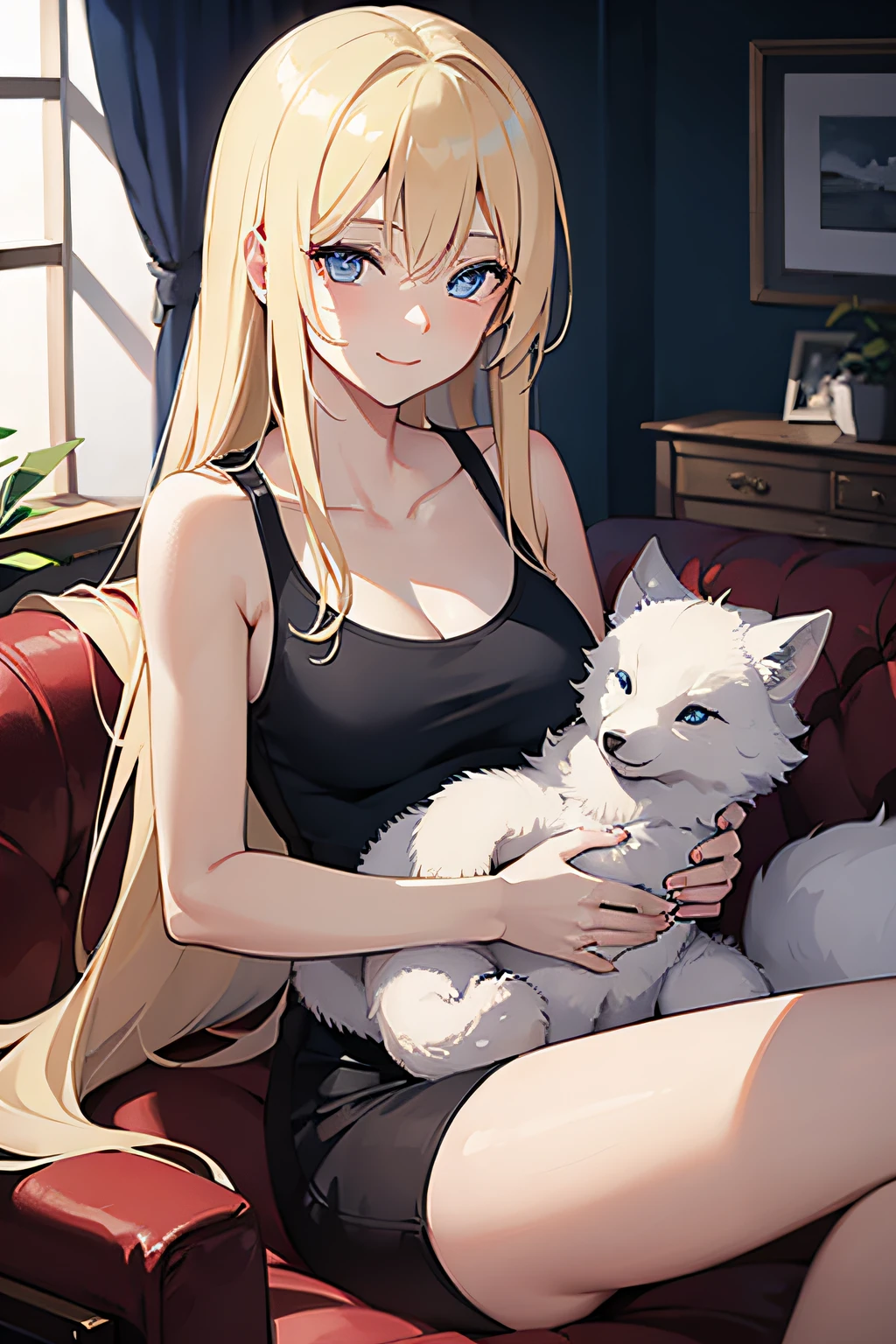 1woman, long blond hair, blue eyes, hugging small arctic fox, smiling, wearing tank top, laying down on a couch in a living room
