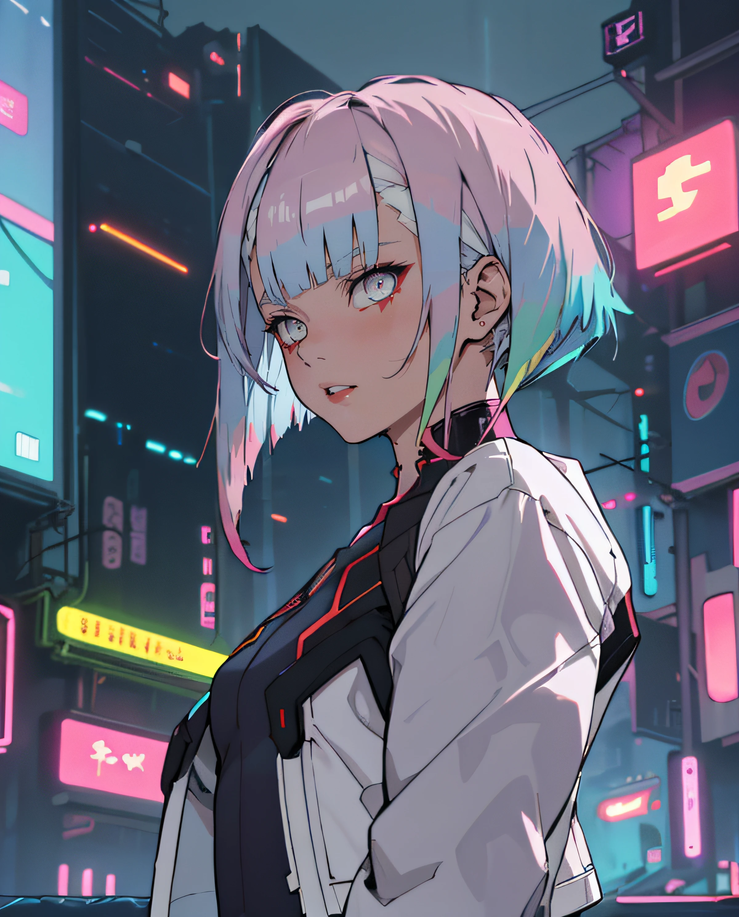 lucy \(cyberpunk\), 1girl, hair scrunchie, hime cut, silver hair, colored tips, full moon, grey eyes, jacket, long sleeves, looking at viewer, medium hair, multicolored hair, parted bangs, parted lips, pink hair, portrait, red eyeliner, red lips, solo, white jacket, cyberpunk \(series\), rainy night in a cyberpunk city with glowing neon lights