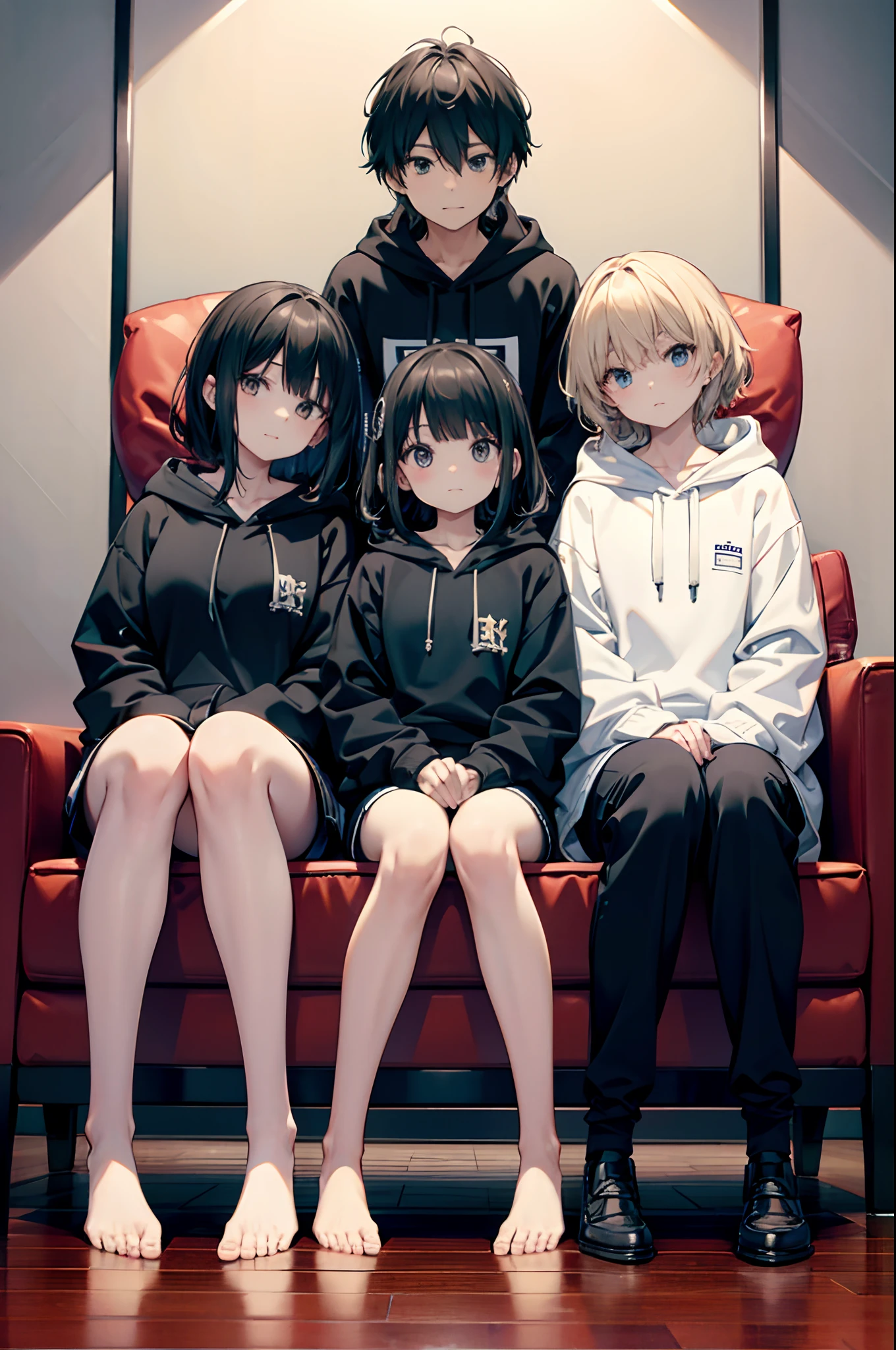 Full-body shot of three Asians sitting on a couch, Hoodies