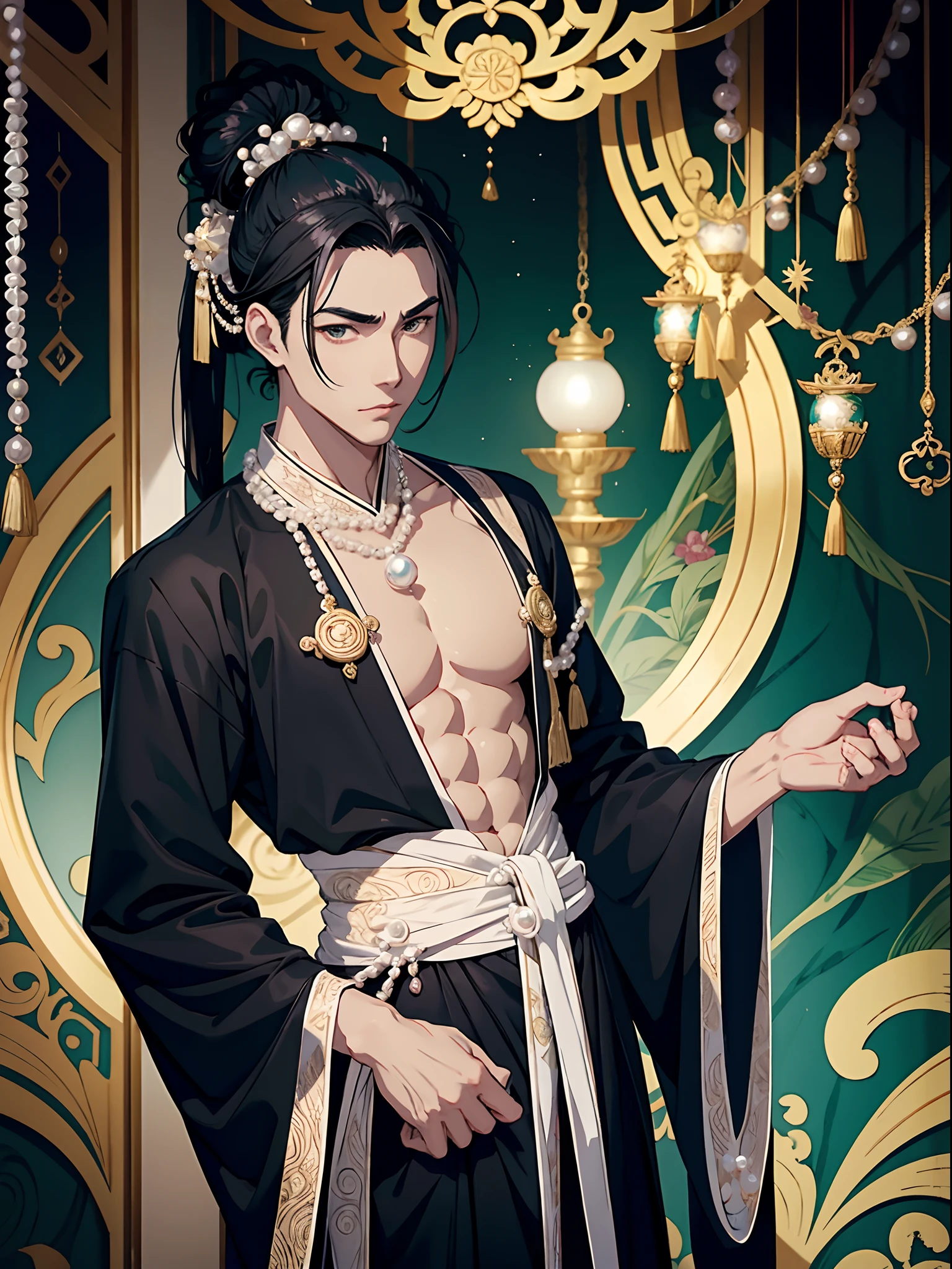 (absurd, high resolution, ultra detailed), 1 man, adult, handsome, tall and muscular boy, broad shoulders, finely detailed eyes and detailed face, short black hair, sasuke, onyx colored eyes, aristocrat, magnificent background, shadow effect, throne,