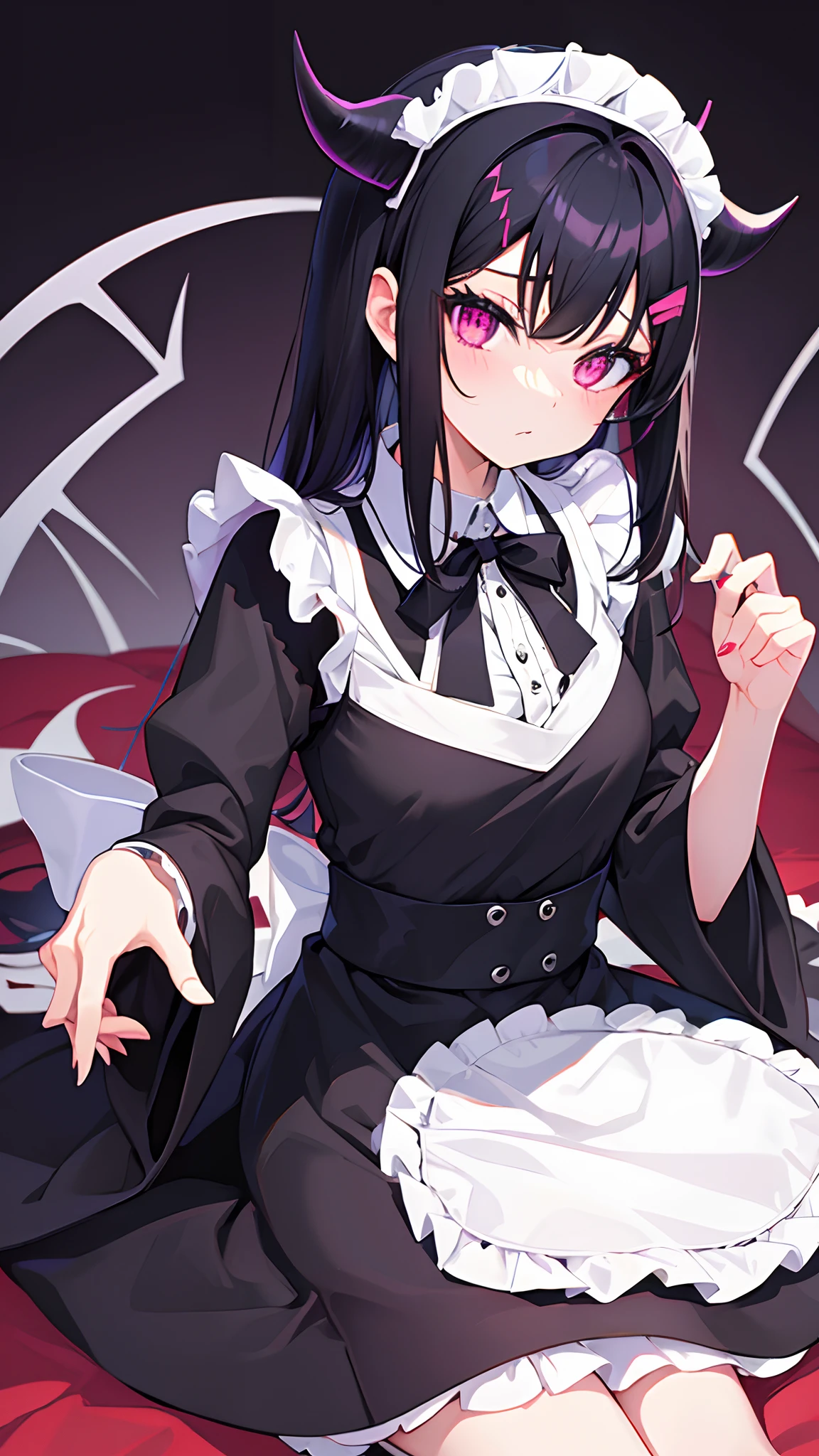 anime girl blackhair redeye goth maid horns