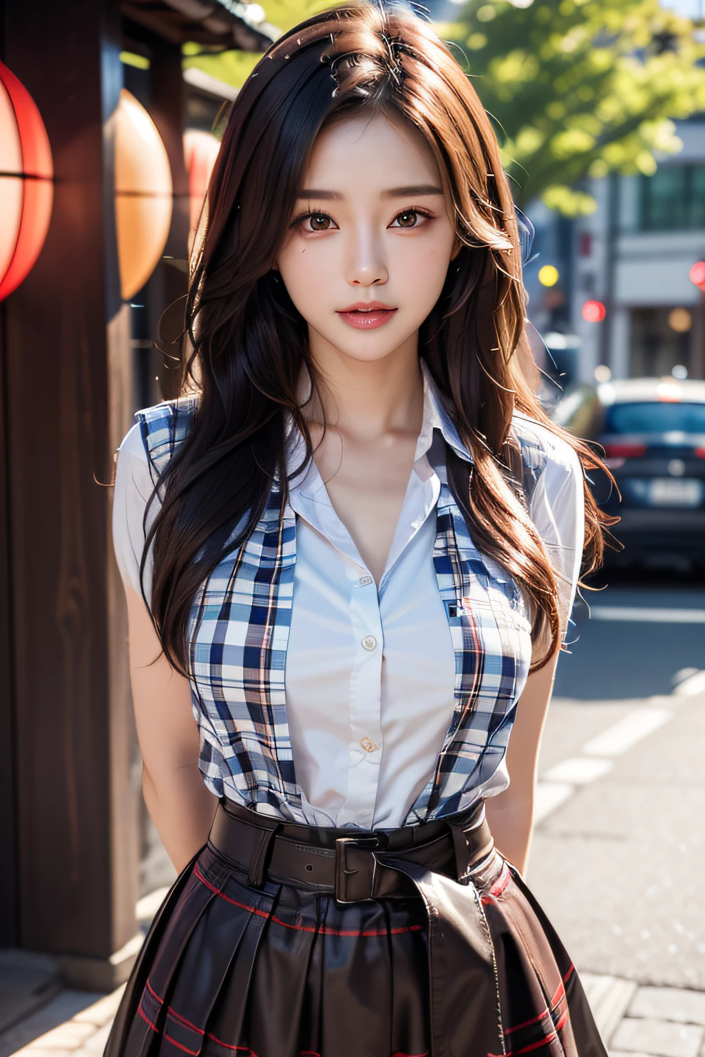 (((Upper body:1.5))), High resolution, Detailed face photo of beautiful woman, Young handsome girl, Realistic:0.5, Perfect Skin, (Bokeh photos, (Soft Focus):1.2, Out-of-focus highlights, dreamy ambiance, Shining circle, Captivating depth), Gorgeous, pure, beautiful detailed face and eyes, breasts, (dark-brown eyes :1.1), (Sexy girl with pretty very beautiful Japan), (22 years old: 1.1), (Standing:1.3), (looking at you:1.3), (Arms Down:1.3), (arms behind back:1.5), (Simple street background:1.5, Dark gray wall), Bokeh photos, (Soft Focus):1.2, Out-of-focus highlights, dreamy ambiance, Shining circle, Captivating depth, BREAK, (((Wearing a classy and elegant plaid shirt:1.3))), (pleatedskirt:1.3), (Belt bag:1.3), (Princess Line Dresses:1.3), (Long skirt:1.3), (Black Leather Combat Boots:1.3), Insanely detailed costumes, BREAK, (medium breasts:1.0), (((drooping chest:1.3))), (thin waist:1.3), (slender:1.3), (Cute:1.2), ((K-pop idol:1.3)), (upper thigh:0.6), Soft light, Lens Glow, Looking at Viewer, Straight teeth, Smile, Floating hair, Brown eyes,(Mahogany thin wavy hair :1.2), Bangs, medium lenght hair:1.3, dark brown eyes, Beautiful eyes, Princess Eyes, (Big eyes:1.3), (drooping eyes:1.2), hair between eye, Beautiful detailed skin, (Detailed beautiful girl: 1.4), Parted lips, Red lips, Full makeup face, (Shiny skin), ((Perfect female body)),Perfect Anatomy, Perfect proportions, (The faces of the most beautiful Korean actresses:1.3, Very cute and beautiful Japan actress face:1.3), (blush:1.1), BREAK, Movie Scene, Cinematic, fulcolor, 4K, 8K, 16 K, Raw photo, masutepiece, professionally color graded, Professional Photography, think, soft clean focus, Realistic lighting and shading, (an extremely delicate and beautiful art):1.3, Elegant, Active Angle, Dynamism Pose, Gray background, Solo Focus, (bustshot:1.2), Cinematic Light,