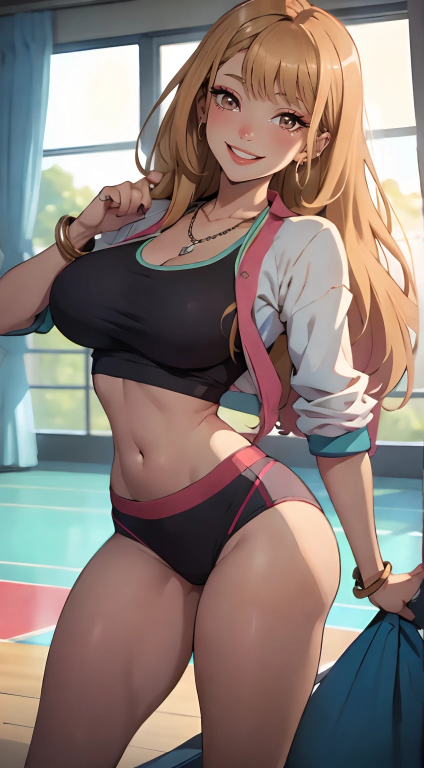 1girl,masterpiece , best quality,highres, 4k, Marin kitagawa, character in gym wear,long Hollywood hair,makeup,fashionable,necklace,jewelry,smiling,happiness radiant,posing sexy